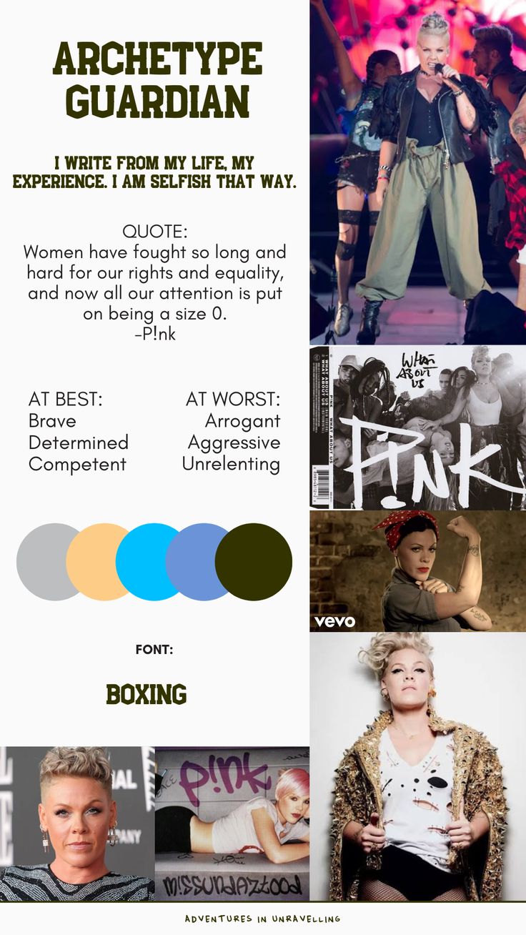 the image is a collage focused on the singer pink and highlighting her as the "guardian" archetype. it includes quotes, positive and negative traits associated with the archetype, album covers, music video screenshots, and her public image. the color palette and a specific font ("boxing") are also mentioned. overall, it paints a portrait of pink as a strong, independent, and outspoken individual who fights for equality and authenticity.