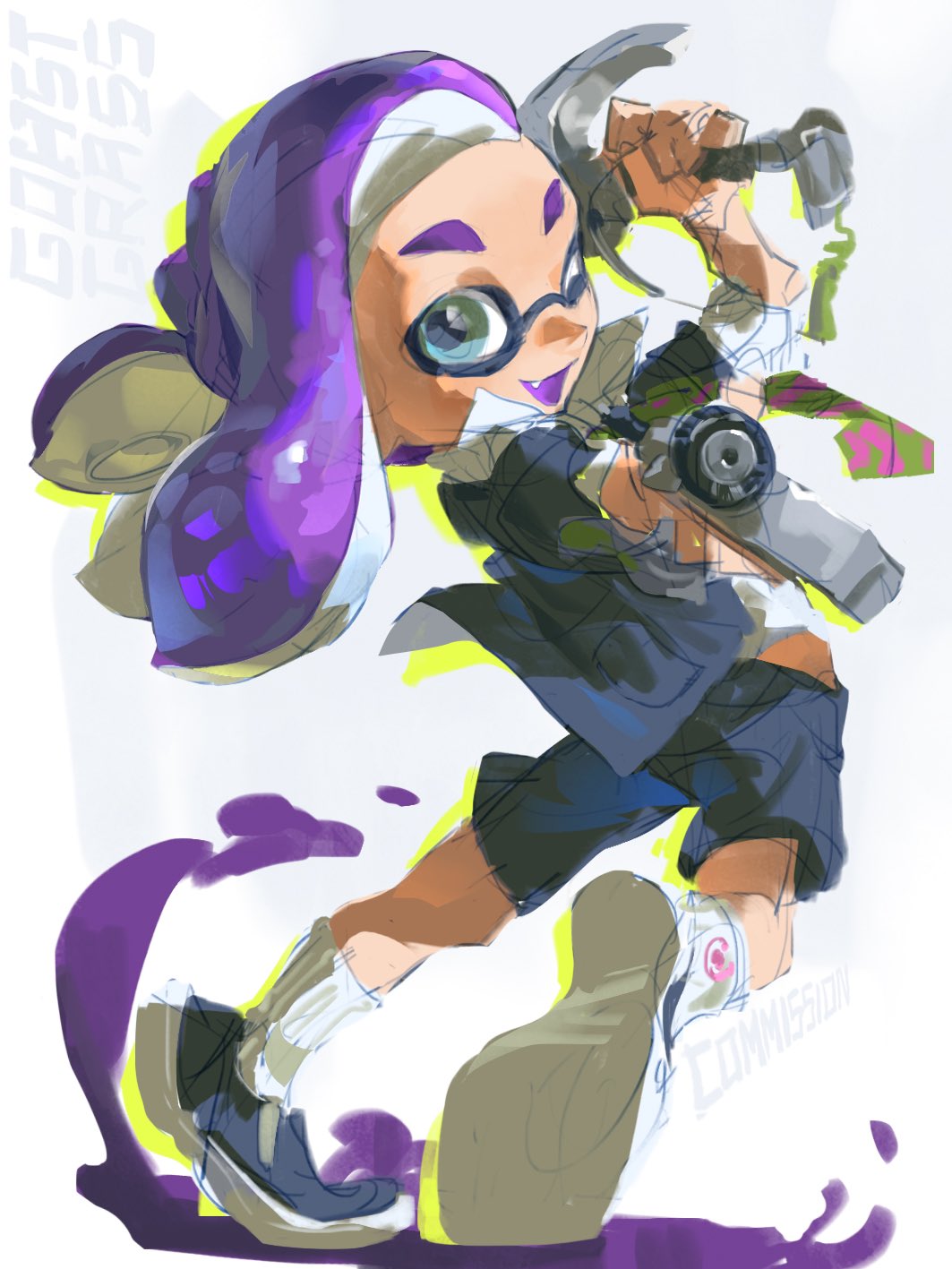 a digital illustration of a purple haired girl in a blue jacket and black shorts. she is holding a weapon in one hand and striking a pose with her leg in the air. she appears to be a character from a popular video game, splatoon.