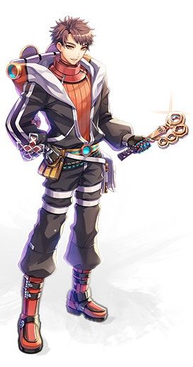 a young adult male character in an anime style with brown hair and brown eyes stands slightly contraposto. he wears a black, white, and red outfit with gold accents that appears vaguely futuristic. on his back is a large mechanical device, and he holds a gold and blue magical staff.  the art style features thick, dark lines and slightly exaggerated features, lending to a slightly cartoonish appearance. the background is solid white.
