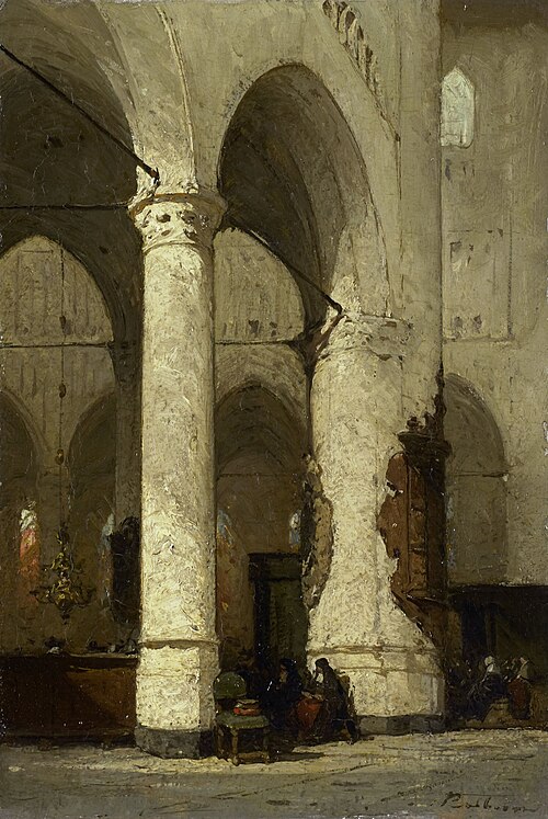 the painting depicts the interior of a church, characterized by tall, ornate pillars supporting grand arches. light streams in from a window, casting shadows and highlighting the weathered texture of the architectural elements. pews are visible along the sides, occupied by a few figures. the style appears impressionistic, with visible brushstrokes conveying a sense of age and atmosphere.