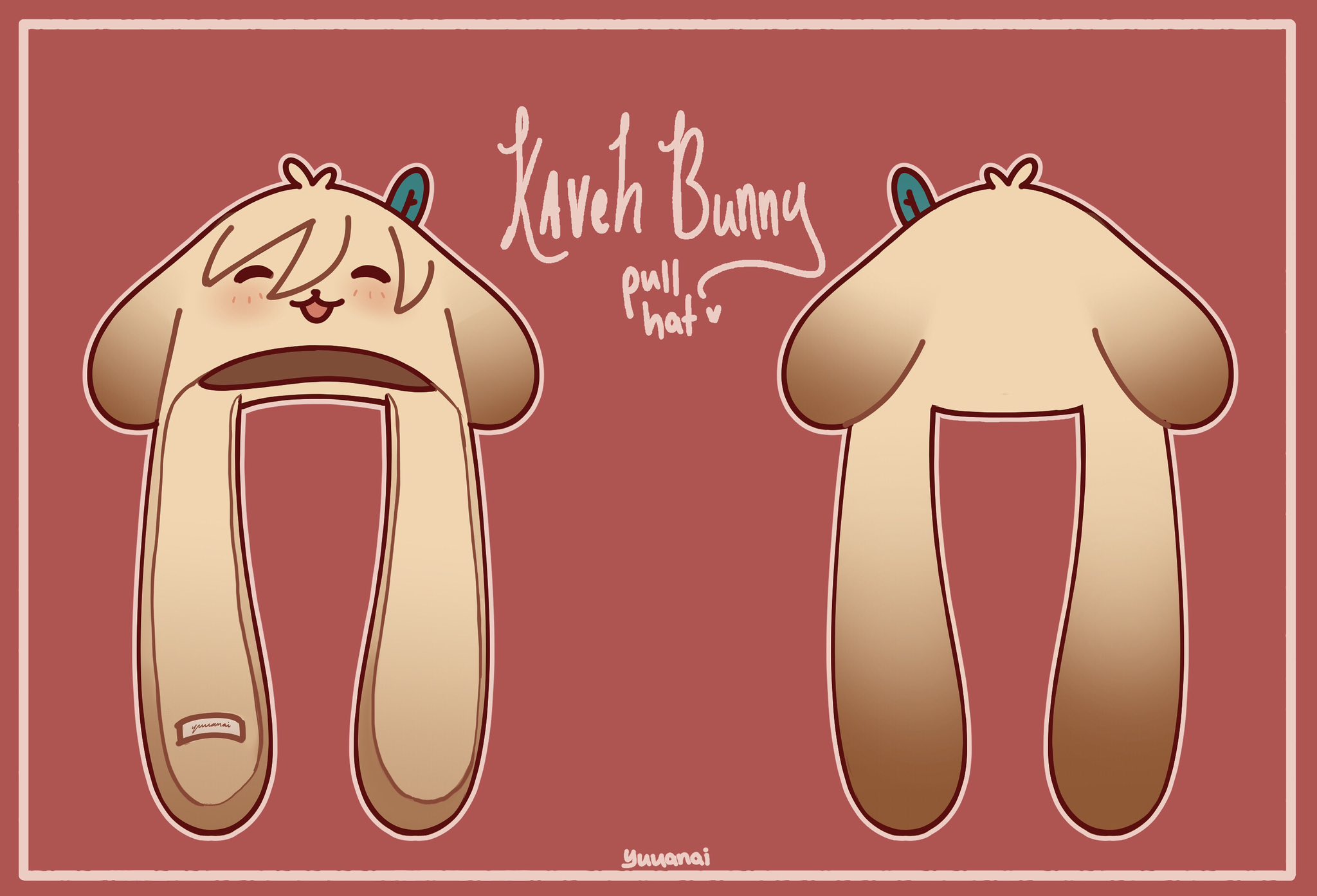 this image is a digital illustration of a cute bunny hat, designed to look like a kawaii anime character. the hat is beige with a brown gradient on the ear tips. it features a small, round face with pink cheeks,  two large eyes, and a tiny tongue sticking out. the image shows the hat from two perspectives, one with the face turned to the front and the other with the back. the background is a solid pink color, with "kaveh bunny pull hat ♡" text above the image. the text is written in a stylized, cursive font. the image appears to be a design for a wearable item and is drawn in a clean, simple style.