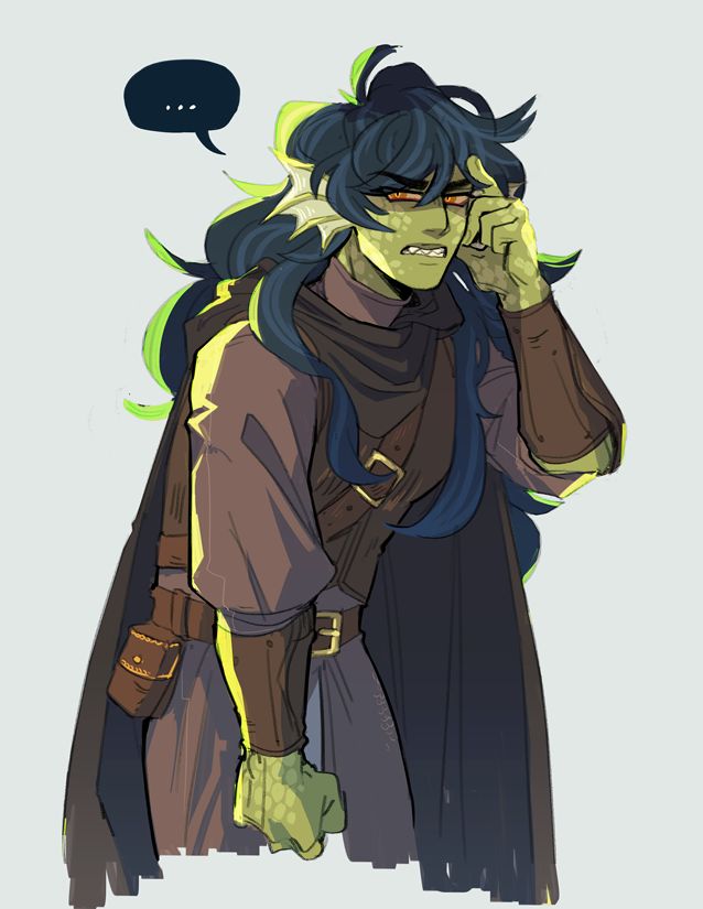 a digital illustration of a fantasy character. it's a humanoid with green skin, blue hair, and a cloak. the character is holding their head with their hand, they appear to be annoyed or frustrated. the character is surrounded by a white background.