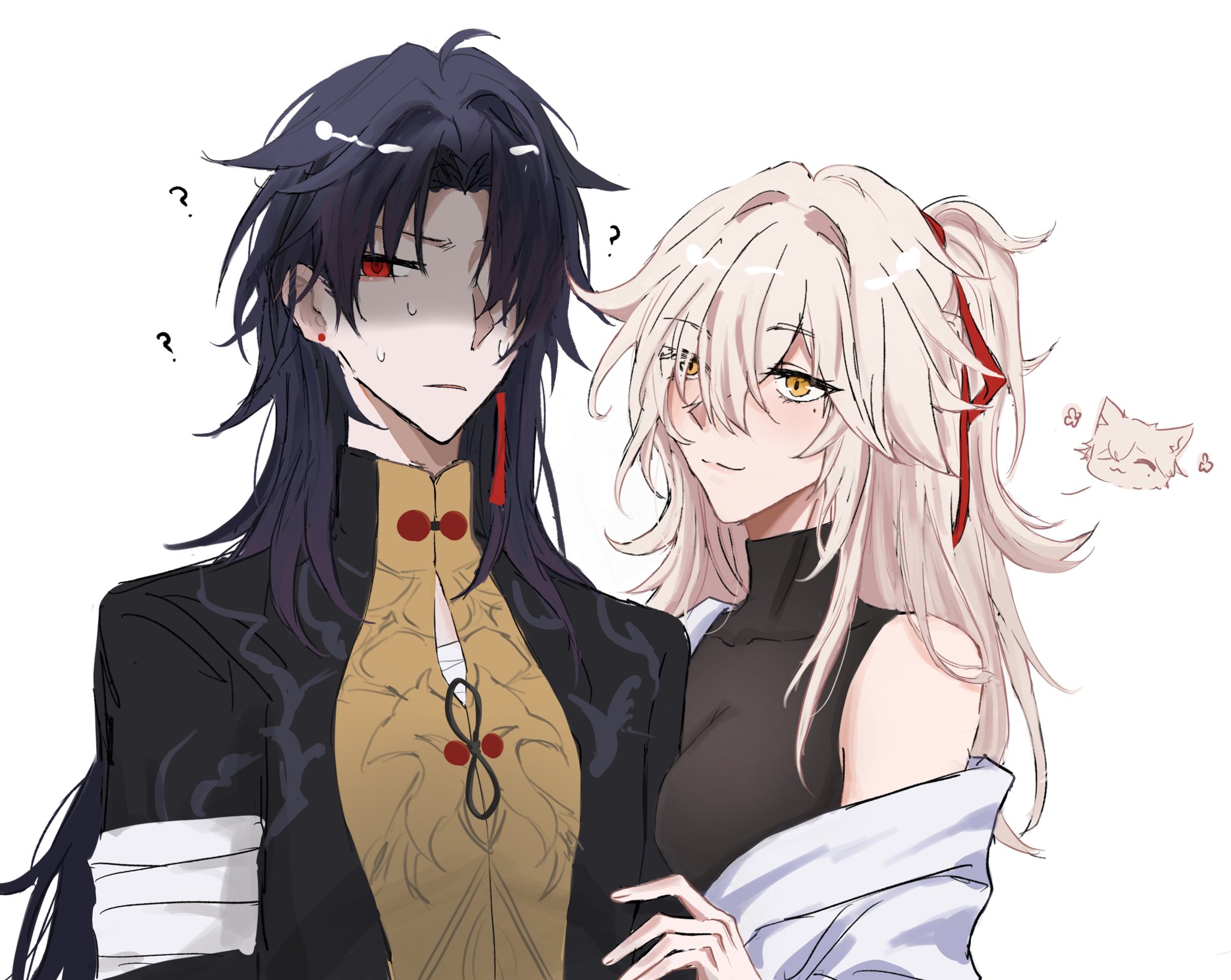 this is a digital illustration of an anime couple. the male character is wearing a black and gold chineseinspired outfit with a long ponytail and a small red earring. he appears slightly embarrassed or flustered, with questioning marks around his head. he is facing the female character who is smiling subtly while looking at him. the girl has long white hair that reaches her waist and has a red ribbon tied around her hair. she is wearing a black tank top, a white cardigan, and a white and red necklace. behind the female character is a small white cat with pink ears.
