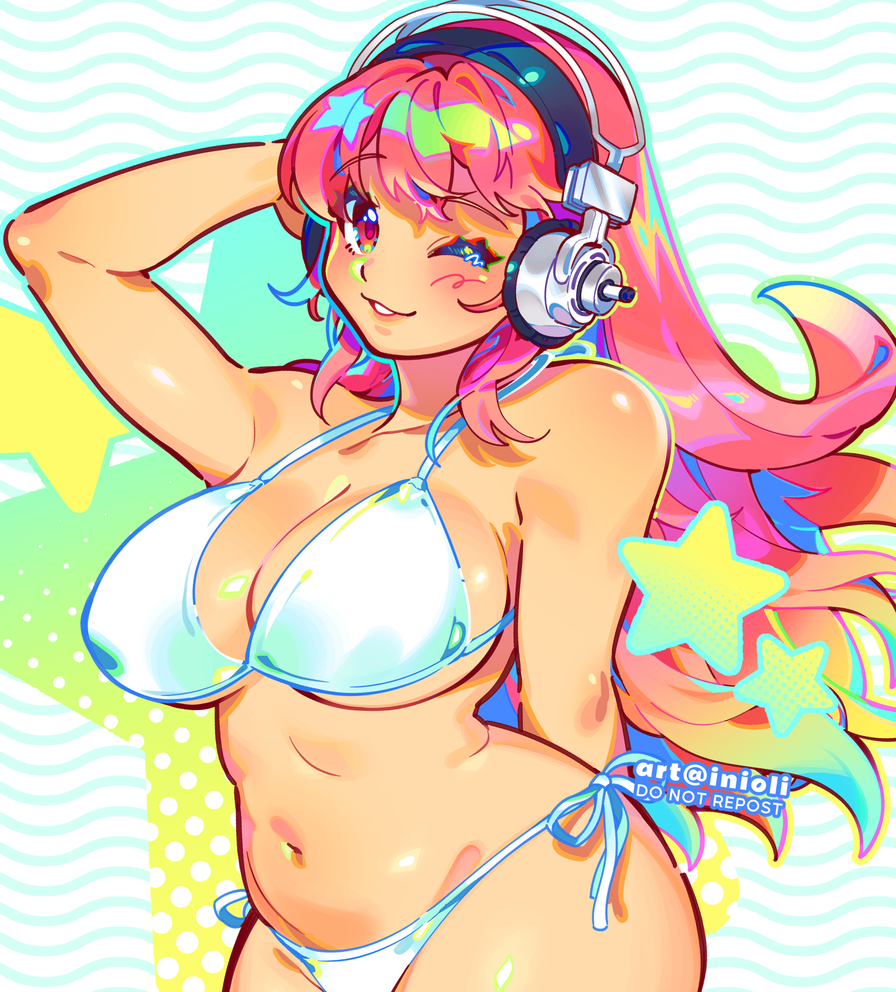 an animestyle illustration of a curvy woman with tanned skin wearing a white bikini and headphones. she has pink hair with streaks of other colors and is winking. there are yellow stars floating near her. the background is a mix of wavy lines and polka dots. the artwork includes a watermark: "art@inioli do not repost."