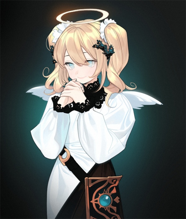 the image depicts a young, animestyle girl dressed as an angel. she has blonde hair, blue eyes, a halo above her head, and white feathered wings. she wears a white dress with black accents and a decorative bookshaped object hangs at her hip. the background is a dark teal color, creating a contrast that highlights the girl. her expression is sweet and innocent, with her hands clasped in front of her. the overall impression is one of purity and light.