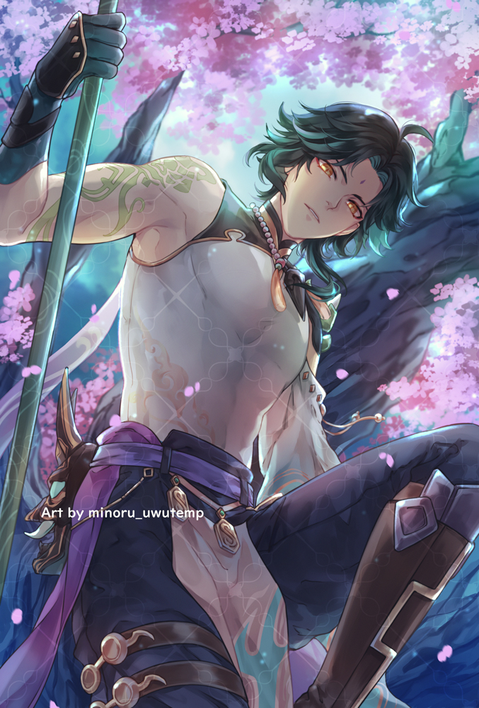 a young man, with long black hair, is depicted in a dynamic pose, wielding a spear. he has glowing gold eyes, and a tattoo on his arm. he is wearing ornate armor and clothes in shades of green, white, and black, adorned with purple and gold details. his outfit has a flowing,  ethereal quality. the background is a blur of cherry blossom petals in a soft pink and white, creating a dreamy atmosphere. this image is a beautifully drawn, digital illustration in a manga/anime style, featuring a powerful and enigmatic warrior.