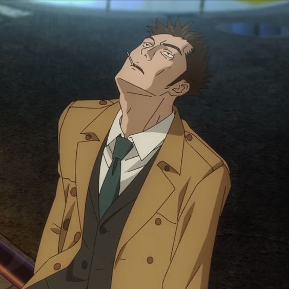 he image shows an adult man with short brown hair and a cigarette in his mouth, looking upwards. he is wearing a tan trench coat over a black suit with a white shirt and dark green tie. the background suggests a nighttime outdoor setting with artificial lighting, creating a dramatic atmosphere. the low angle shot emphasizes the man's features and adds to the dramatic feel of the image.