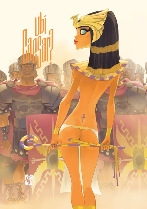 an illustration featuring a cartoonish depiction of cleopatra, an egyptian queen, with tan skin, facing away from the viewer, with her back and bottom partially visible. she is wearing a gold egyptian headdress with black stripes, gold armbands, and a small white bikini. an ankh symbol is tattooed on her lower back. she is holding a scepter with gold and purple details. behind her are rows of roman soldiers in helmets and armor, holding spears and shields. above the figures is the latin text "ubi caesar?" in a stylized font.
