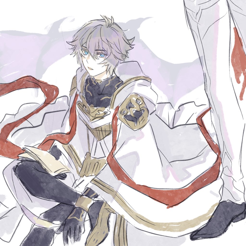 the image is an anime style illustration of a male character with white hair and blue eyes sitting on the floor. he is wearing a long white robe with a red and gold trim. he is looking to the side, and the illustration is done in a sketch style. there is another figure in the background but their face is not visible, they are wearing a white robe and black pants.