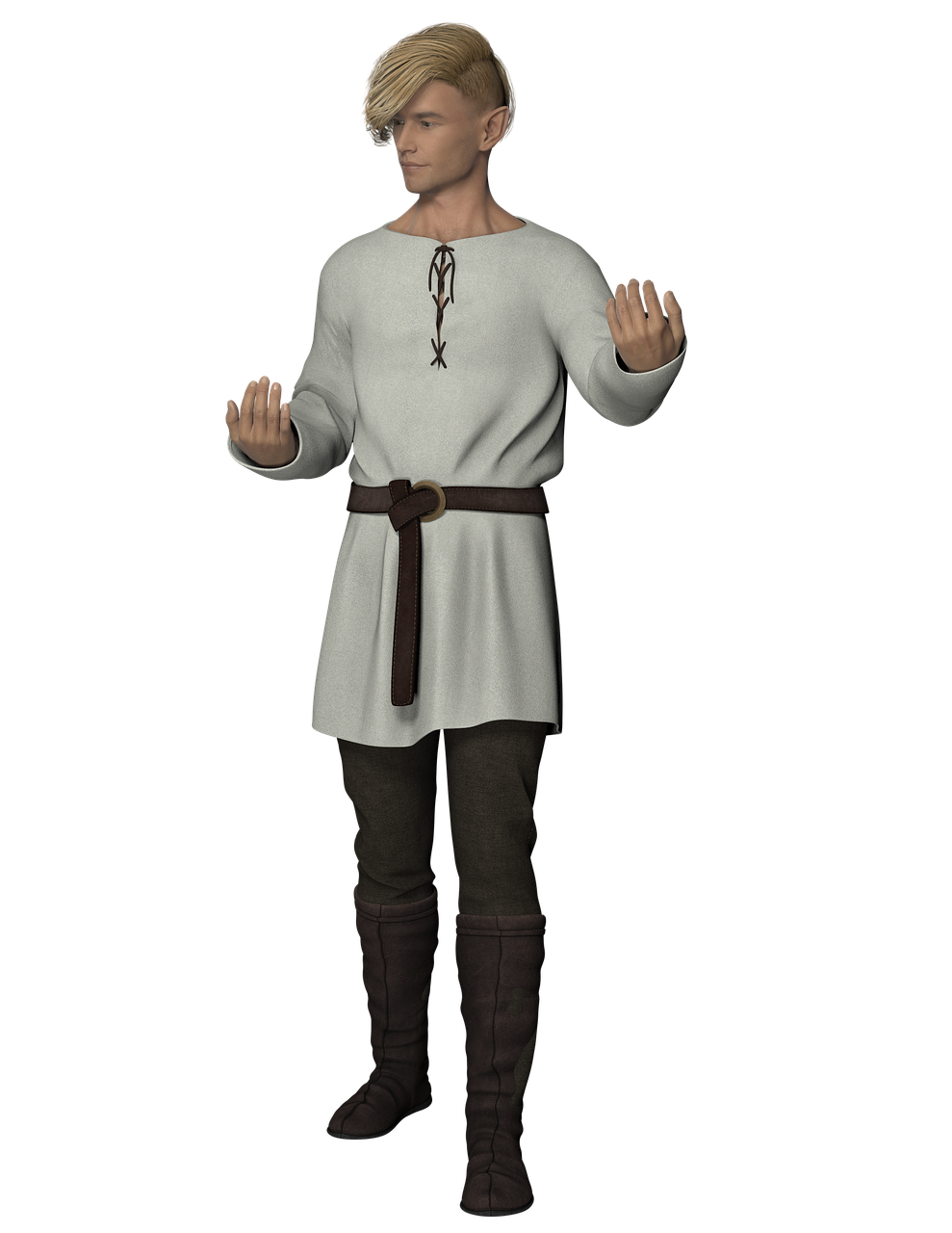 a fullbody digital illustration of a male elf character standing against a black background. he has blonde hair styled to the side and pointed ears. he wears a white tunic cinched at the waist with a brown belt, dark brown leggings, and tall brown boots. his hands are raised in a slightly cupped gesture.