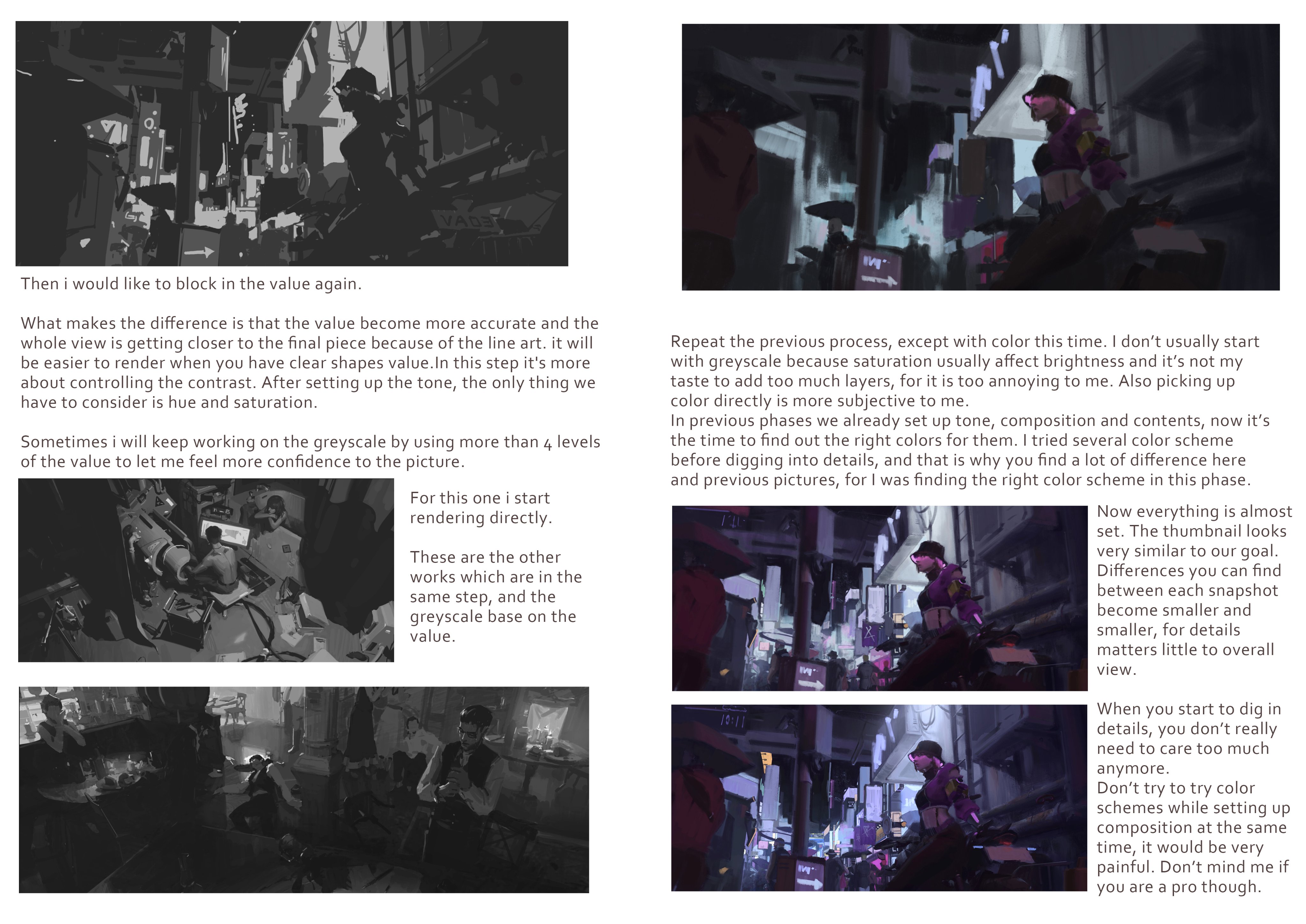 the image is a comparison between grayscale and color versions of digital artwork. it includes text discussing the artist's process, focusing on value blocking, contrast control, and color selection. the artwork depicts scenes with figures in an urban setting and a studio. the text explains how details become less important as the work progresses, and advises against trying color schemes while setting up composition.