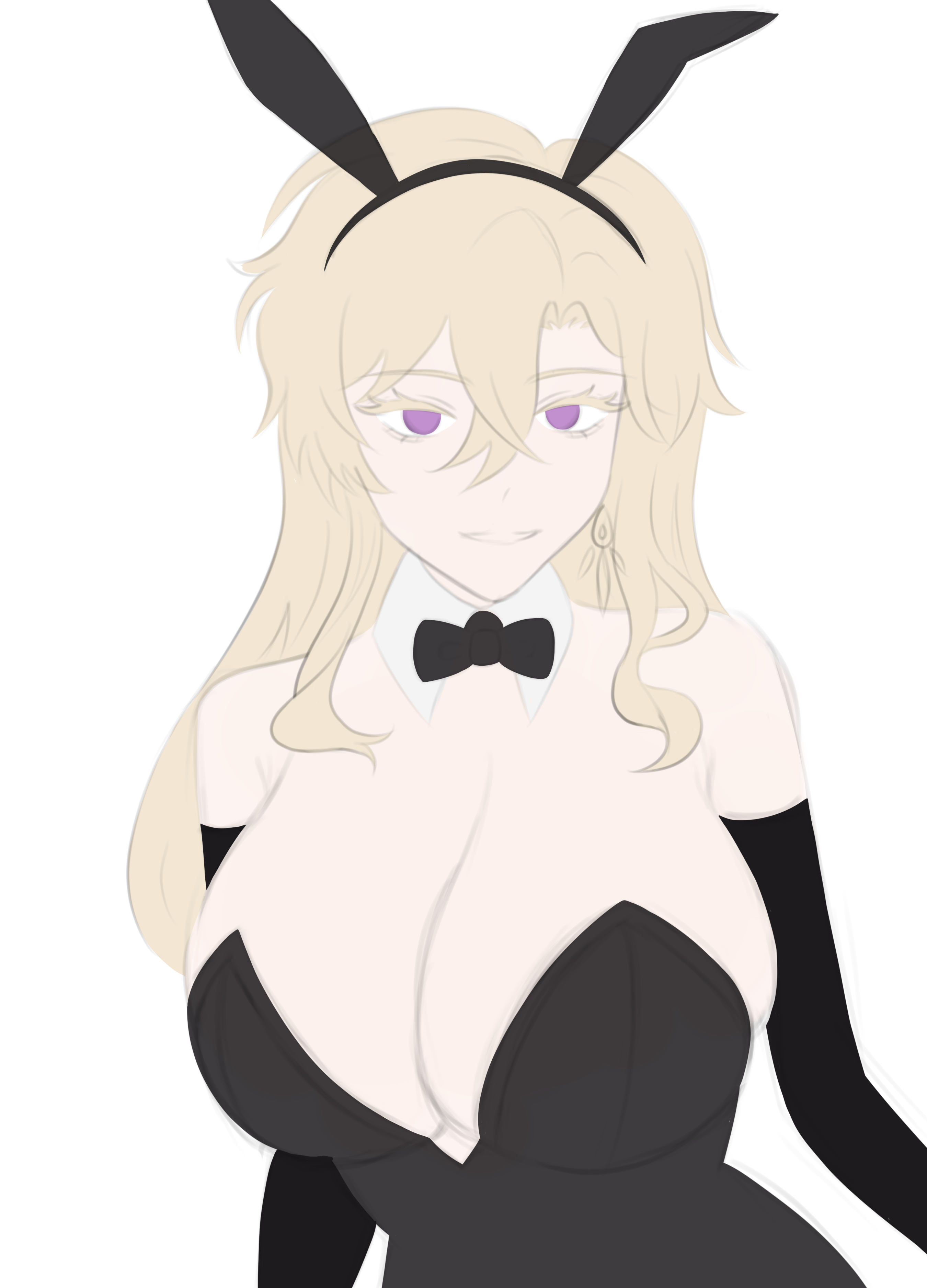 he image is a digital drawing of an animestyle female character dressed in a bunny girl costume. she has long blonde hair, purple eyes, and is wearing a black dress with a bow tie. the costume includes bunny ears on a headband. the style is suggestive, emphasizing the character's figure.  the art is done in a soft, somewhat muted color palette.