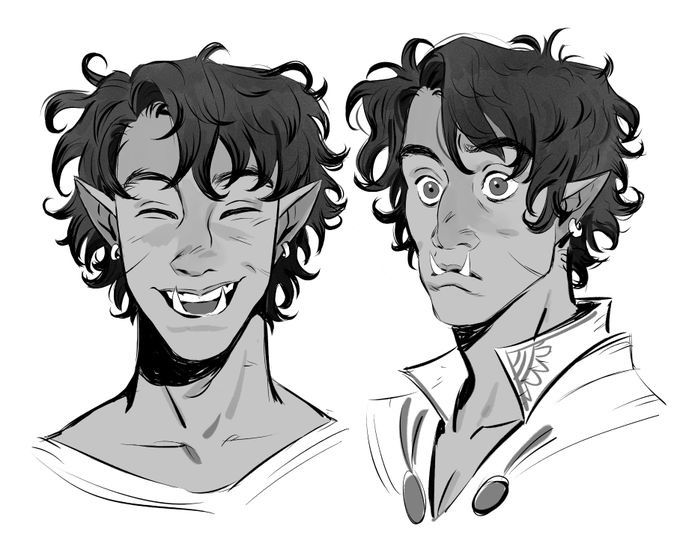 a black and white drawing of a male orc character with a serious expression on the right side of the image and a happy expression on the left side of the image.  the orc has a large nose, sharp cheekbones, and pointed ears.  he is wearing a simple shirt and has a long, curly mane of hair.  the drawing is in a sketch style.