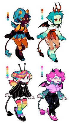 the image showcases four distinct fantasy character designs. each character, rendered in a vibrant, cartoonlike style, boasts unique features such as horns, wings, and colorful attire. they are positioned upright, offering a fullbody view against a plain white backdrop. color palettes beside each character hint at potential color schemes.