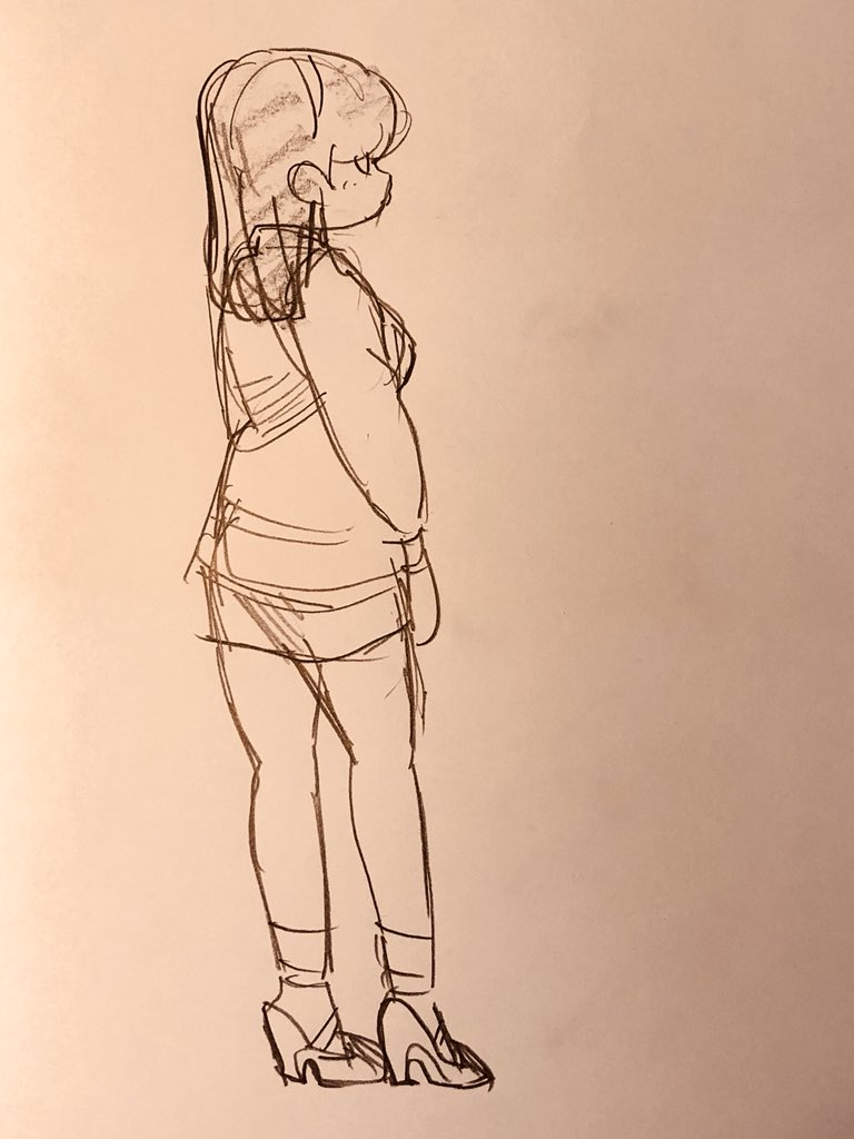 a quick sketch of a girl wearing a short dress, drawn from the side.