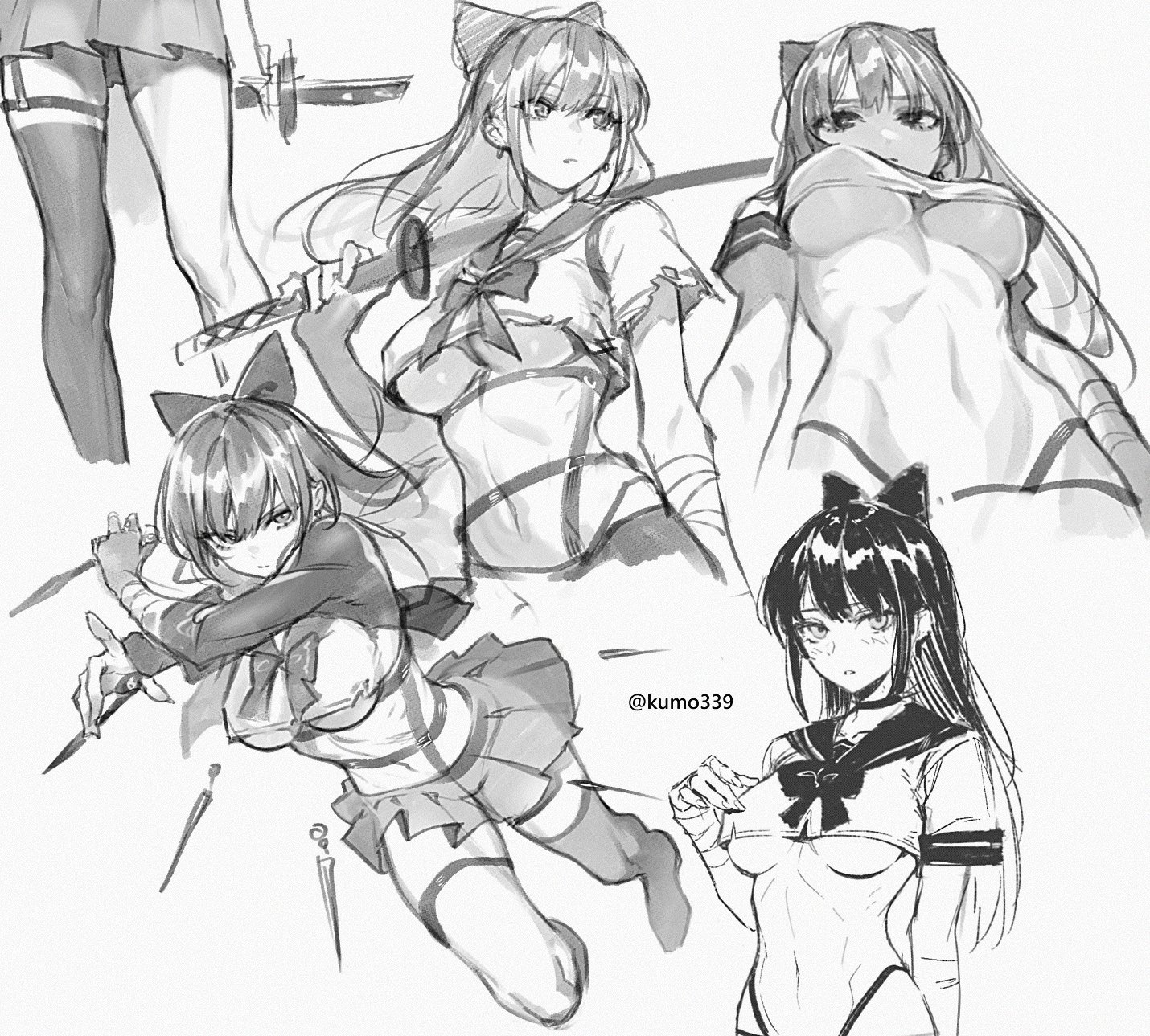 a black and white sketch of multiple anime girls dressed in school uniforms and holding katanas. the sketch includes fullbody shots, closeups of faces, and various poses. one character is shown in an action pose with swords falling around her. the artist's watermark, "@kumo339," is visible.