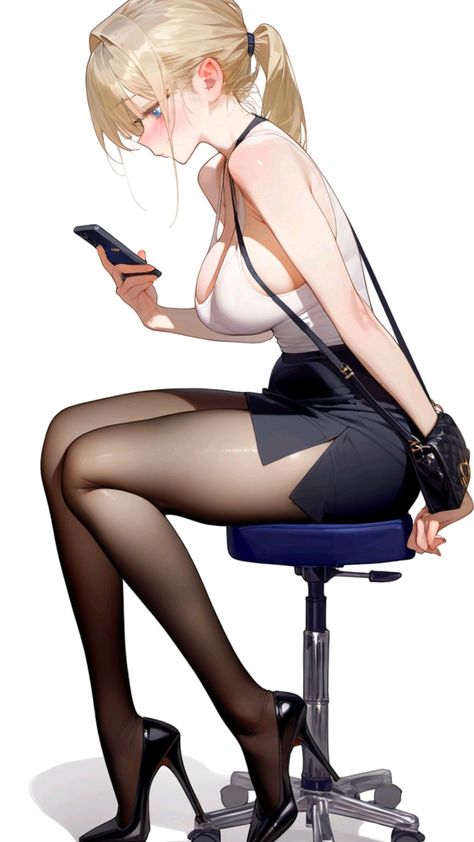 an anime girl is sitting on a blue office stool with her legs crossed and her right leg up. she is wearing a white top, a black skirt, black tights, and black heels. she is holding a cell phone in her right hand. she is looking down at the phone. her left arm is resting on the back of the chair. she has long blonde hair and blue eyes. she is wearing black glasses.