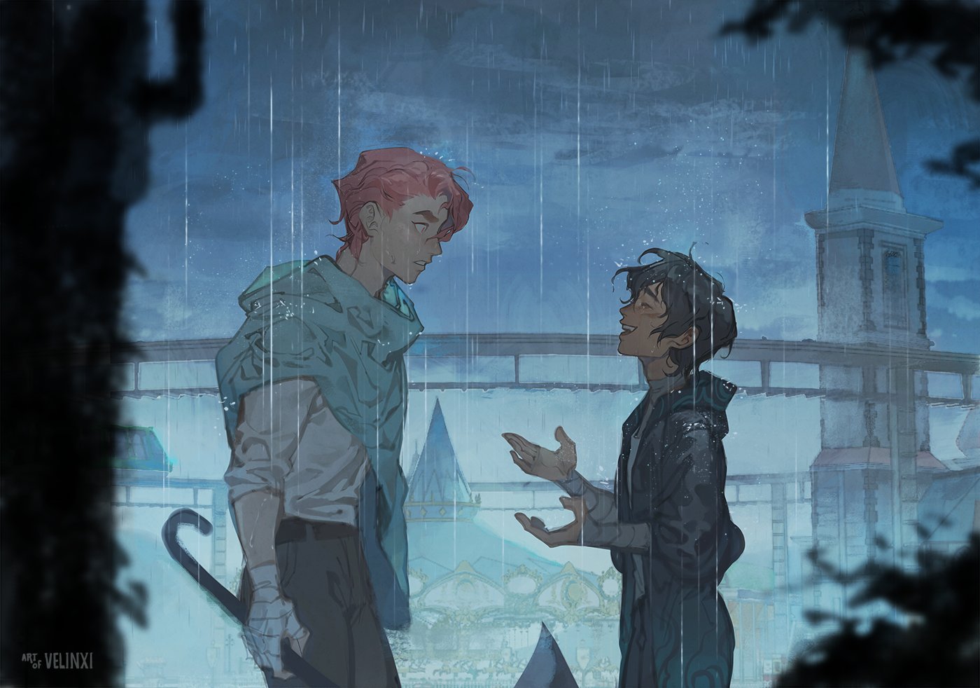 a digital painting depicts two young men standing in the rain. the man on the left has red hair and wears a white shirt, black pants, a blue shawl, and white gloves. he holds a black umbrella. the man on the right has black hair and wears a black coat. he is gesturing with his hands. they are standing in front of a cityscape with a carousel and a tall tower. the artist's signature is in the bottom left corner.