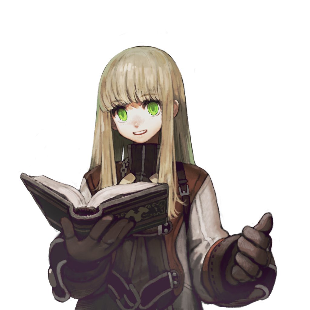 an anime girl with long blonde hair and green eyes is smiling as she holds a book in her hands. she is dressed in a brown and white outfit and is standing against a white background. the image is drawn in a cartoon style.  she has a friendly expression and appears to be talking to someone.