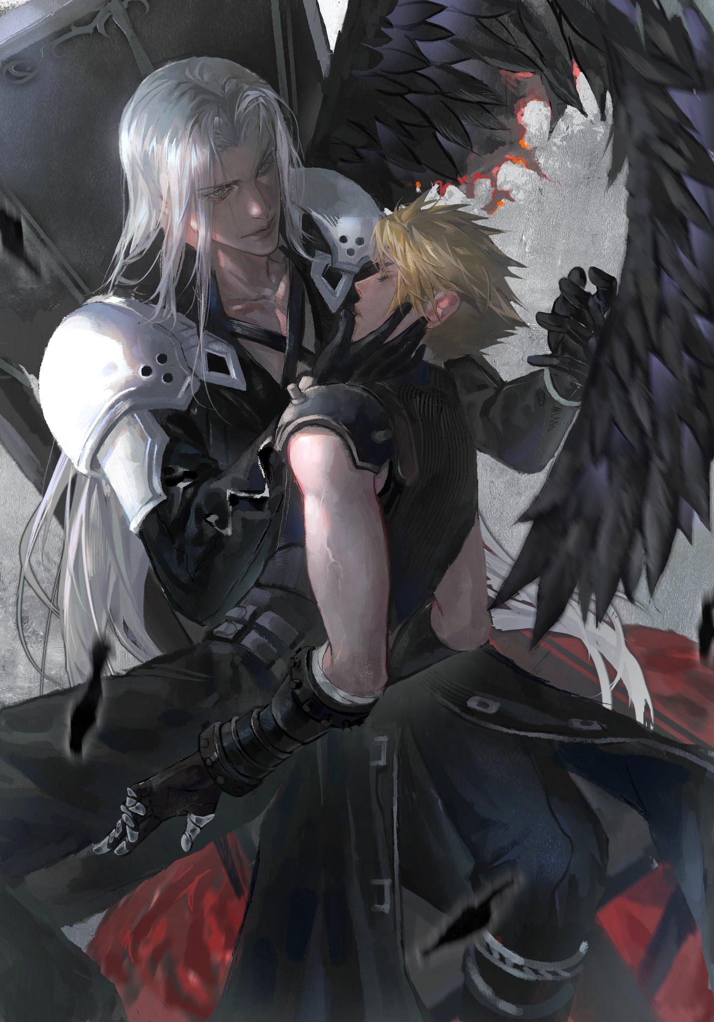 a digital illustration of sephiroth and cloud strife from the video game final fantasy vii. cloud is being held by sephiroth with his sword in hand,  looking menacing. sephiroth has his iconic black wings, and the scene is dark and menacing.