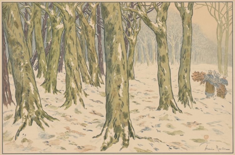 the image shows a winter forest with snowcovered ground and trees. two women are carrying bundles of branches through the forest. the artwork is a woodcut print.