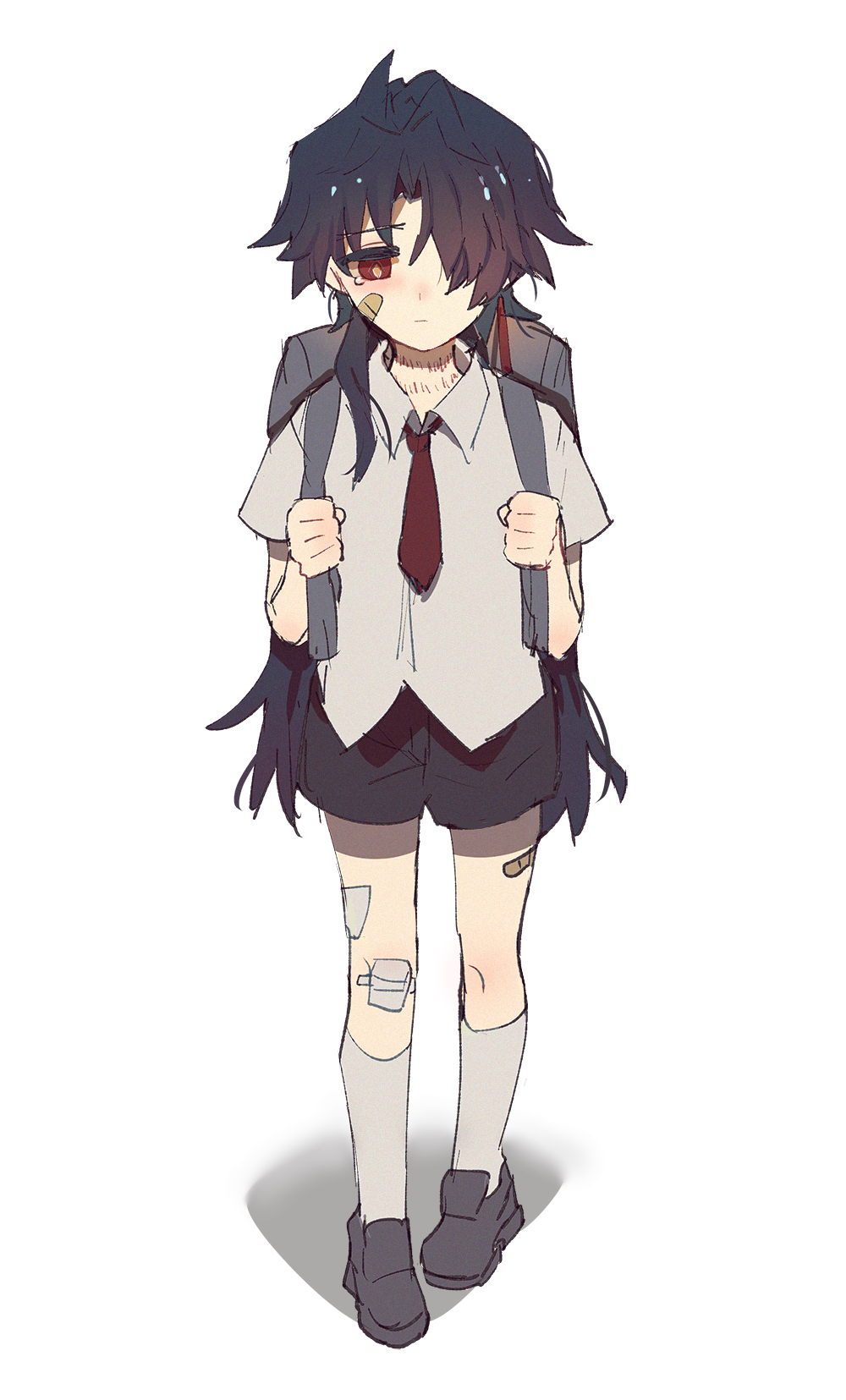 an anime girl with black hair and red eyes is wearing a school uniform and a backpack. she is walking with her head down, and has bandages on her legs. she looks sad. the background is white.
