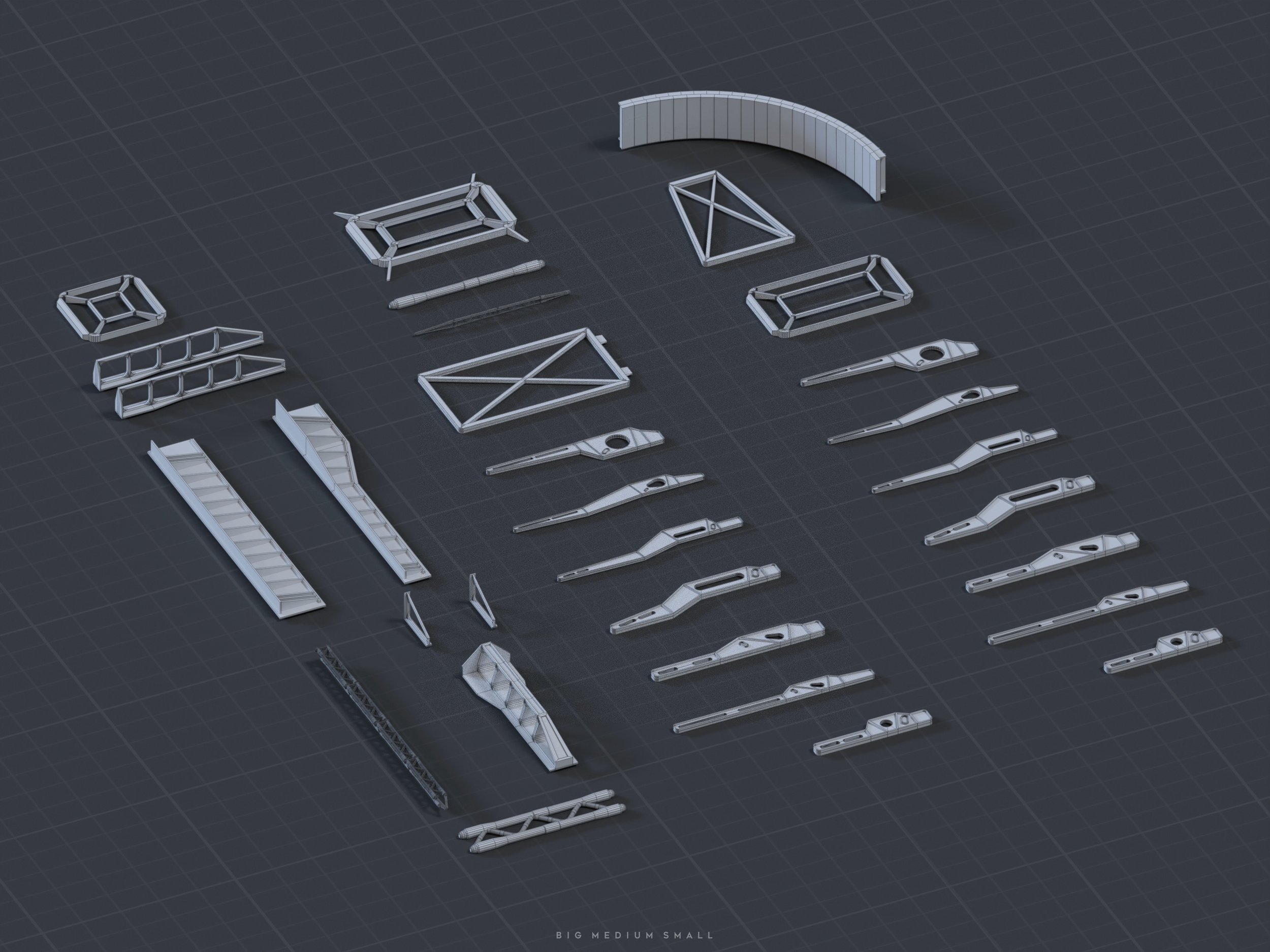 the image shows a detailed 3d wireframe model of various parts and components, seemingly for a futuristic structure or machine.  these individual pieces are scattered across a dark grey background, suggesting a design layout or assembly instructions. the parts range in size and shape, indicating a complex modular system.  the overall aesthetic is clean, technological, and suggests a potentially largescale project. the caption "big medium small" hints at the different scales of the components involved.
