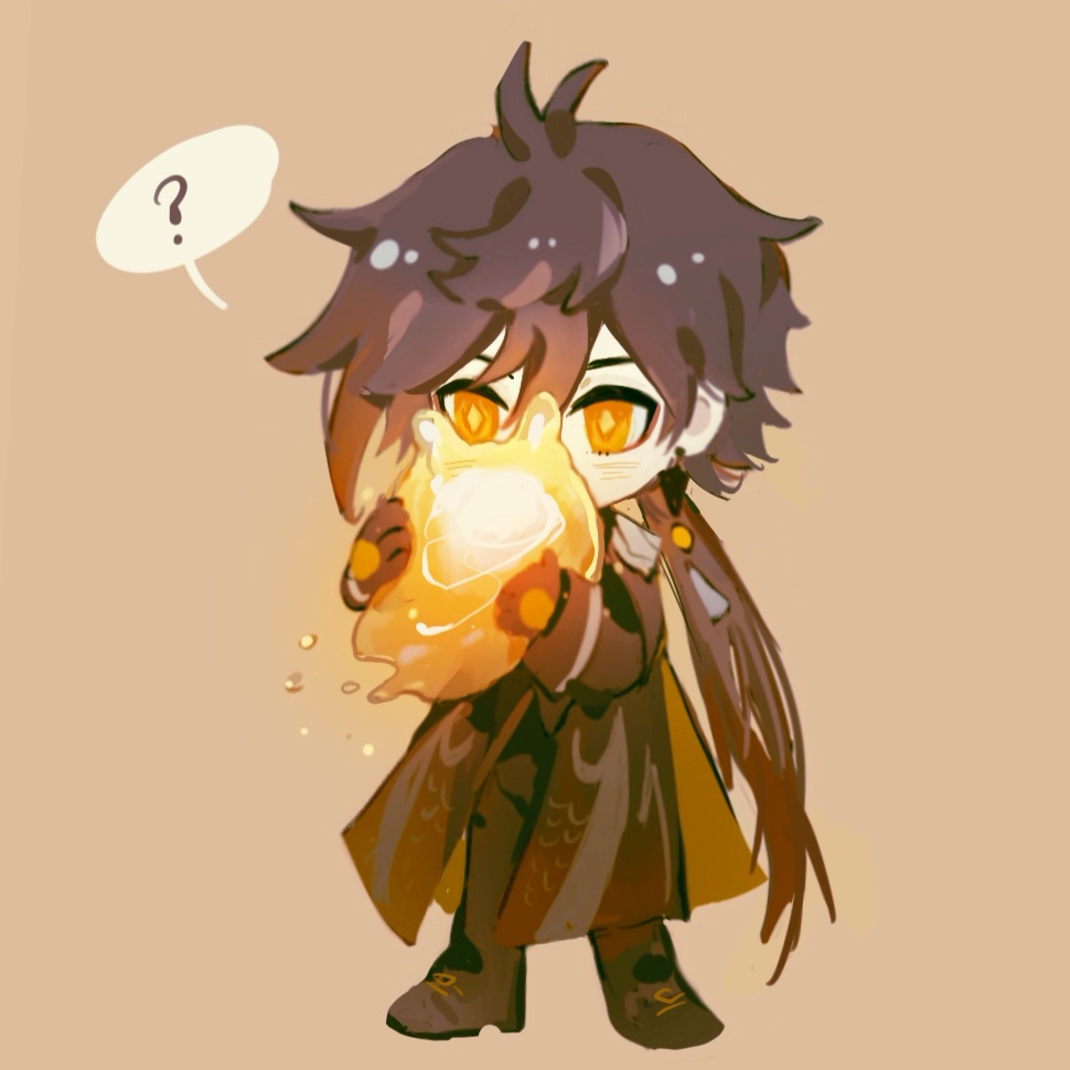 this is a digital art illustration of a cute anime chibi boy character. he has black hair, yellow eyes, and is wearing a black and brown outfit. he is holding a small ball of fire in his hand, as if casting a spell. the background is a light peach color.