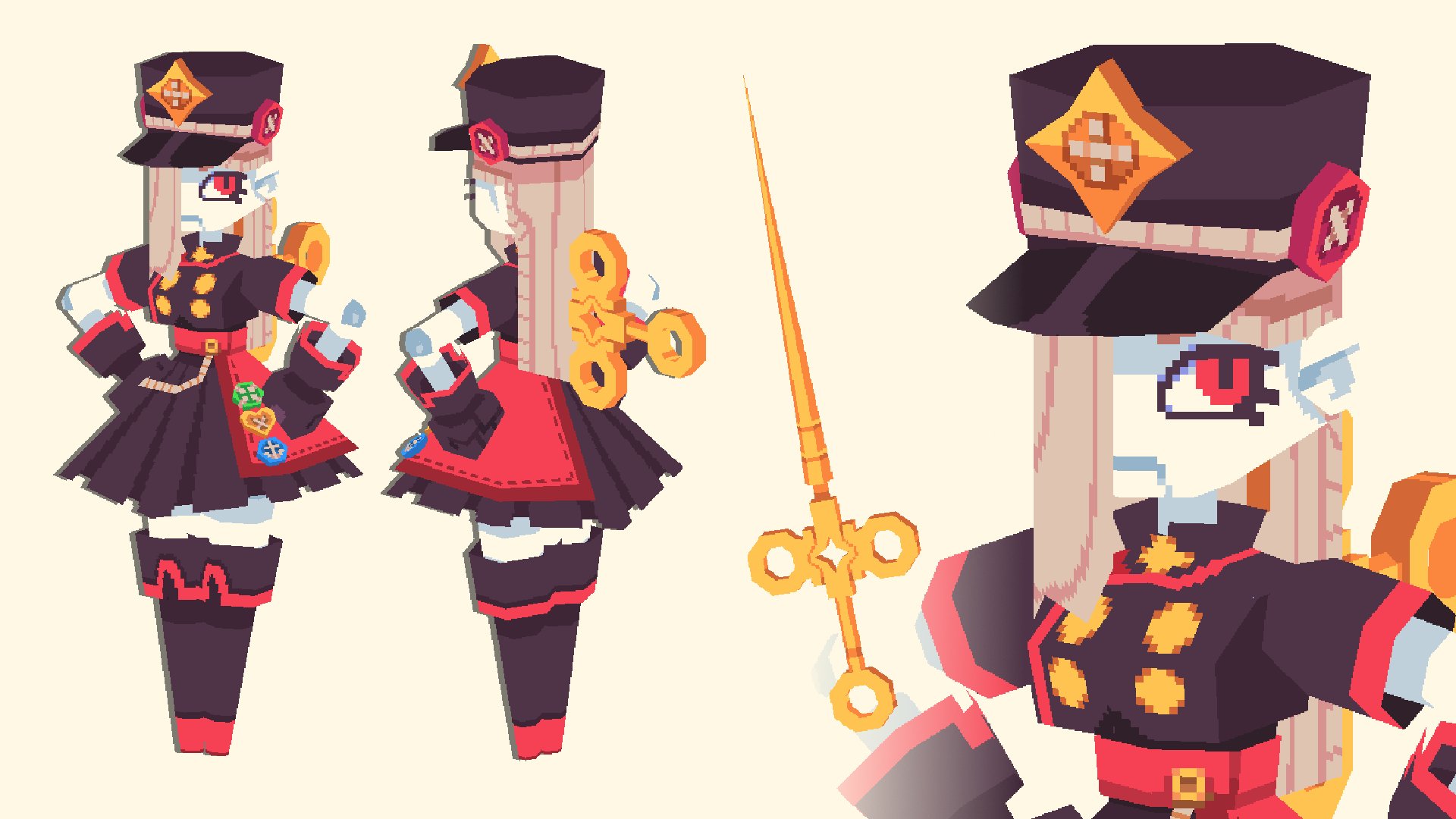 a 3/4 view turnaround of a stylized video game character. she is a clockwork automaton in a militarystyle uniform. the model is low poly and uses a voxel art style.