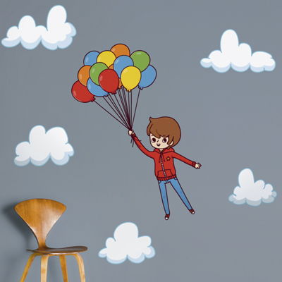 a cartoon boy with brown hair is wearing a red jacket, blue jeans, and holding on to a bunch of balloons. he is flying up through the sky and the clouds are all around him. there is a brown wooden chair in front of the boy and the sky is light grey.  the balloons are red, yellow, blue, and green.