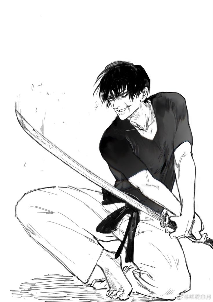 a black and white illustration of an animestyle male character, possibly a samurai, crouching with a katana.  he is depicted with intense focus and a slight smirk. the style is detailed, using shading and linework to convey a sense of movement and power. the background is minimalist, drawing attention to the character and his weapon. the overall impression is one of action and strength.