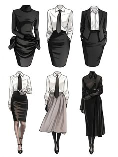 the illustration depicts six women dressed in different styles of office attire. the first woman is wearing a black dress with a white collar and a black tie. the second woman is wearing a white blouse with a black tie and a black pencil skirt. the third woman is wearing a black blazer and a white blouse with a black tie and a black pencil skirt. the fourth woman is wearing a white blouse with a black tie and a grey skirt. the fifth woman is wearing a black dress with a black tie and a long, flowing skirt. the sixth woman is wearing a black blazer with a white blouse and a black tie and a black pencil skirt. all of the women are drawn with elegant, professional styles.