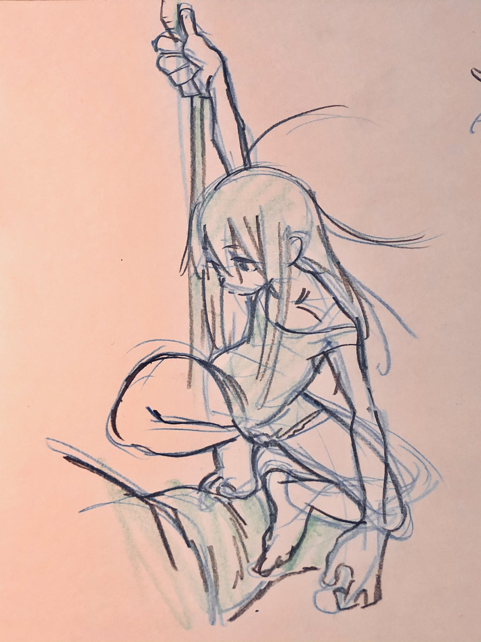a sketch of a young girl, drawn in a manga or anime style, is climbing a rope. the drawing is done with blue, green, and black pen on tan paper.  the image only shows the girl from midthigh up as she's looking down.  she has mediumlength hair and is wearing a tshirt and shorts.