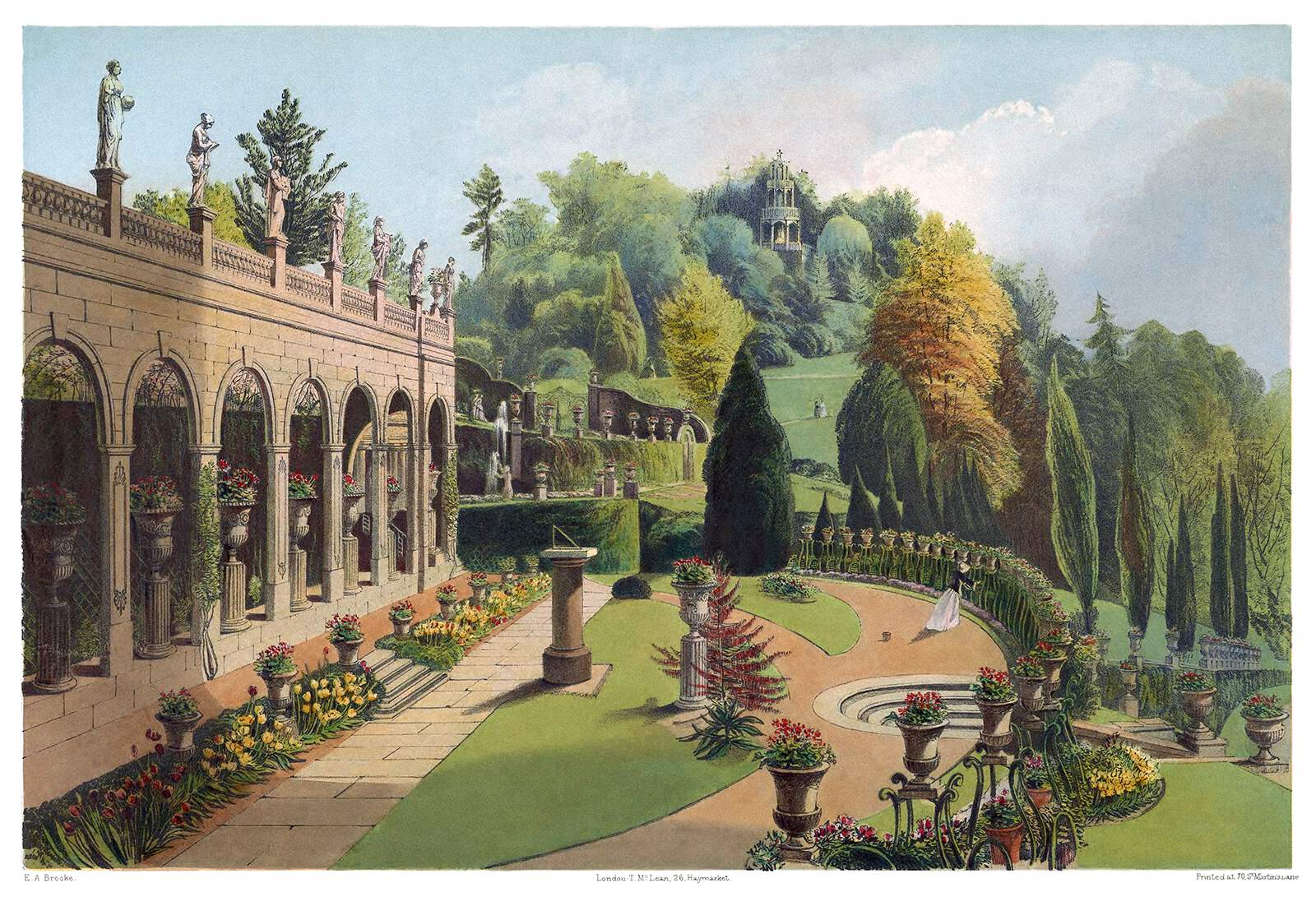 the image depicts a formal garden with a classical architectural style. a long building with arched openings, supported by columns, lines the left side of the image. statues stand atop the building's roofline. the building is adorned with large urns filled with flowers. a stone walkway stretches along the base of the building, flanked by flower beds. in the center of the garden is a wellmaintained lawn, featuring a sundial on a pedestal. a circular path with a tiered fountain is visible. a woman in a white dress strolls along the path. a variety of trees and greenery fill the background, with a gazebo perched atop a hill. the garden is lush and orderly, showcasing a classical aesthetic.