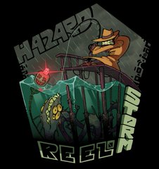 a cartoon drawing of a man in a trench coat and fedora fishing in a stylized stormy sea.  the water is a dark teal, and the man is standing on a platform with many fishing rods sticking out. the bobber on one rod is glowing red, and in the water below lurks a green sea monster with one eye open and fangs bared. the entire image is contained within a hexagon with the words "hazard reel storm" worked into the border.