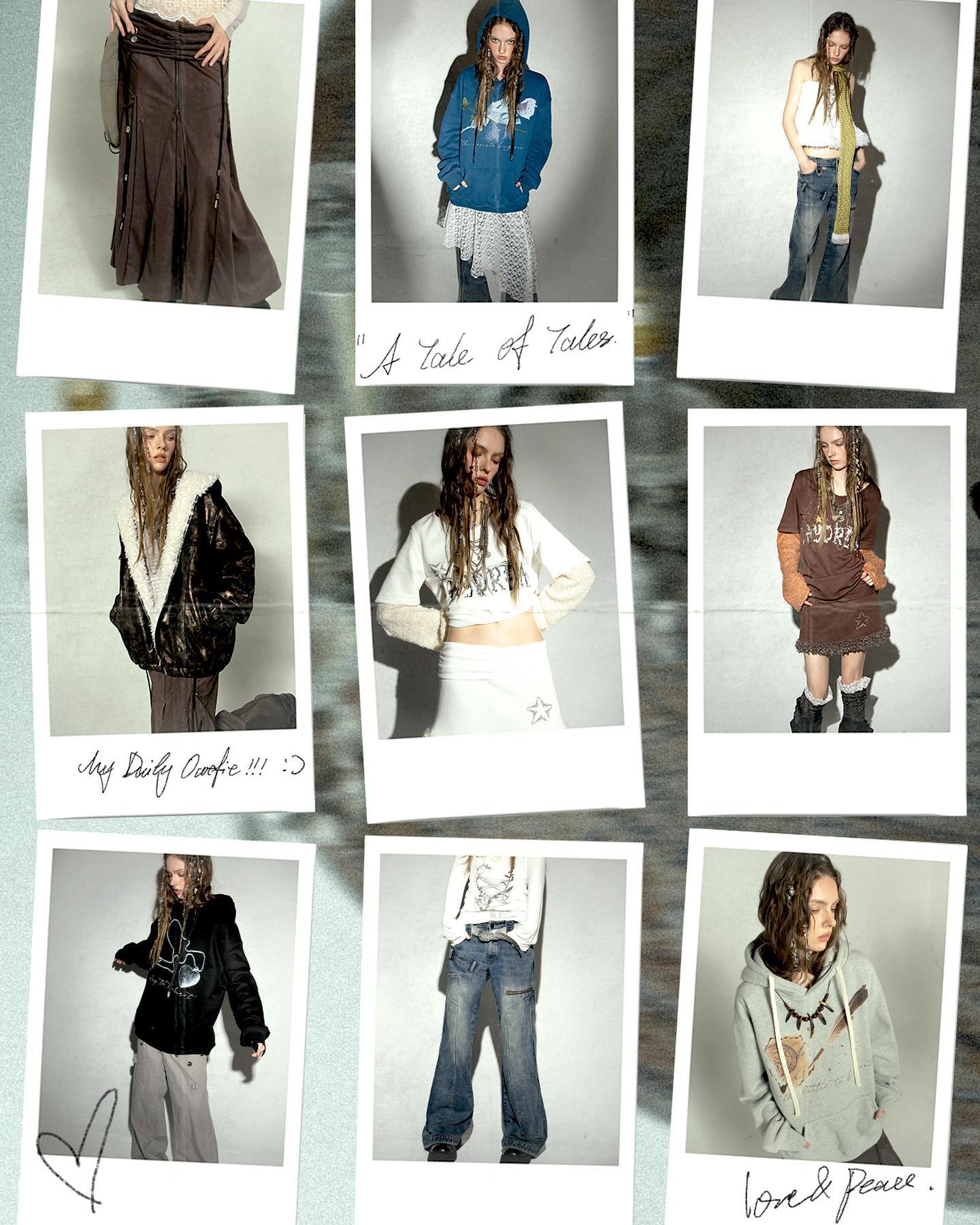 the image is a collage of polaroidstyle photos showcasing various women's fashion outfits.  each photo features a different model wearing a unique outfit in a simple, lightcolored background setting. the styles range from grunge and bohemian to casual and slightly vintageinspired.  the clothing items include long skirts, jeans, hoodies, jackets (including a sherpalined one), and other tops.  accessories like scarves and boots are also present. the overall aesthetic is moody yet stylish, suggestive of a lookbook or fashion catalog.  handwritten text appears on some of the photos adding titles or descriptions like "a tale of tales," "my daily outfit!!!", and "love & peace". the collage gives the impression of a curated collection of outfits or a personal style diary.