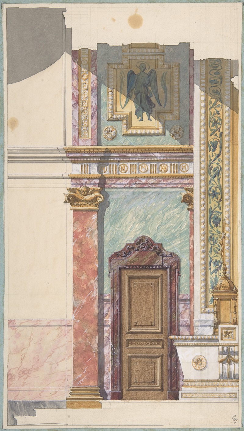this is a rendering of an interior architectural design. it depicts a detailed architectural elevation, likely a church or other grand building interior. the image includes marble columns, a decorated door, and a high section with what appears to be an angel figure above. the style of the drawing suggests classical influences with ornate details. the rendering is done in watercolor with delicate shading and linework to convey the textures of the marble, wood, and other architectural elements.