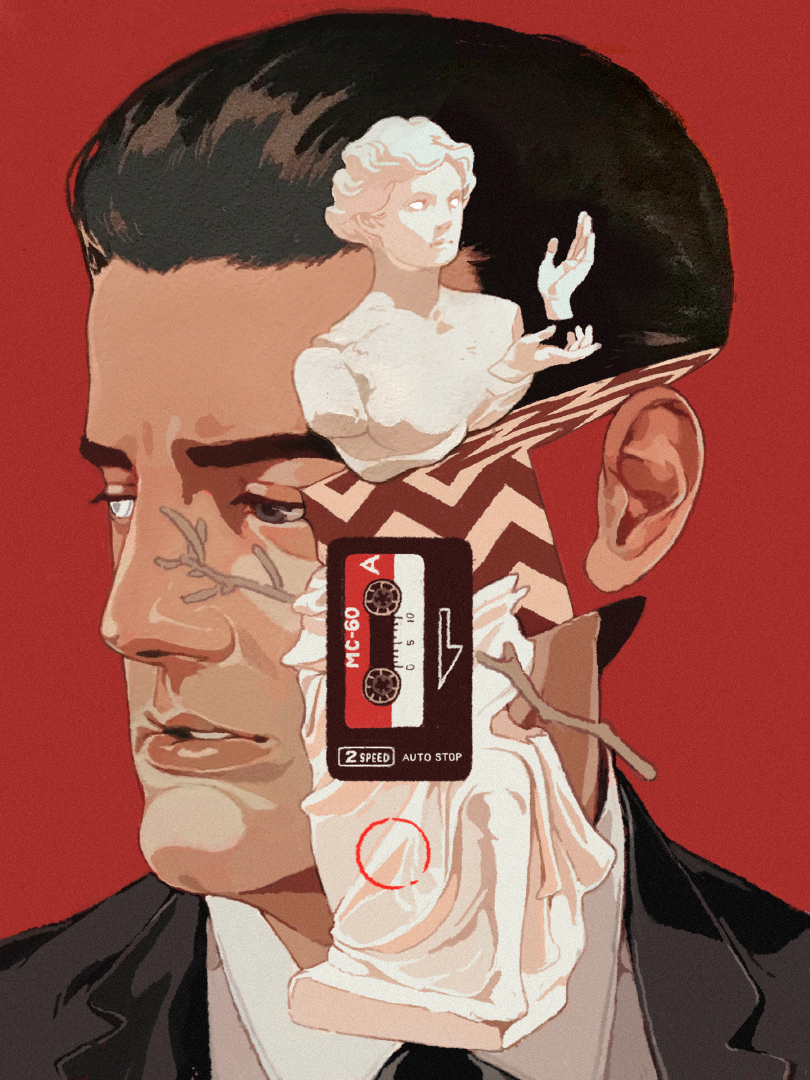 a surreal portrait of a man with a black suit in red background. his eyes are staring directly towards the viewer. a white statue of a woman is positioned on the top of the man's head, covering his forehead and part of his hair. the woman's right hand is raised in a gesture of greeting. a cassette tape with a red and black design, a small twig and some white fabric are covering the man's right eye. the man's face is a mixture of real and surreal. the image has a dark, mysterious and artistic feel.