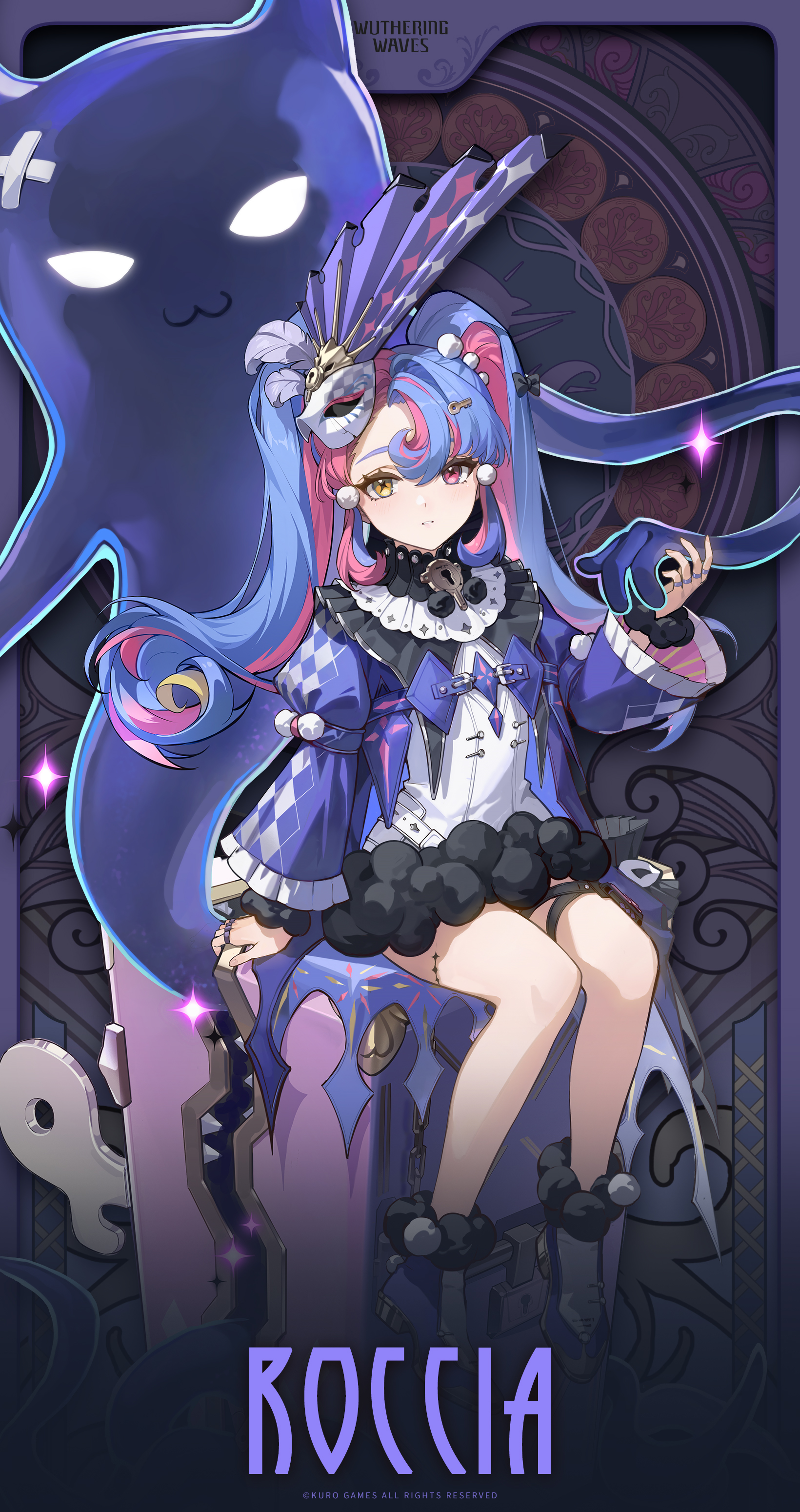 the image is a piece of character art, likely from a video game (possibly genshin impact, given the style). it features rochia, a young girl with long, dualtoned blue and pink hair, wearing a jesteresque outfit with purple and white harlequin patterns. she is seated on an ornate thronelike structure, accompanied by a large, shadowy, catlike ghost or spirit.  the style is animeinfluenced, with a dark fantasy atmosphere. the art features intricate details in the character's clothing, the throne, and the background, which includes a circular design suggesting a card or emblem. the overall aesthetic blends cute and dark fantasy elements. the text "withering waves" is present, suggesting it may be associated with a specific event or game update. the name "roccia" is prominently displayed, indicating the character's name.