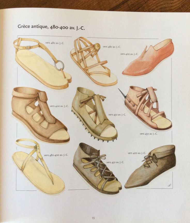 the image is a color illustration depicting various types of footwear from ancient greece, dating from 480400 bc.  nine different sandals and shoes are shown, each with a label indicating the approximate time period (around 480 bc, 450 bc, or 400 bc). the illustrations are detailed, showing variations in style, materials (appearing to be leather), and construction. the background is a pale offwhite, making the shoes stand out clearly. the title “grèce antique, 480400 av. j.c.” (ancient greece, 480400 bc) is displayed at the top. the image appears to be from a book or educational resource.