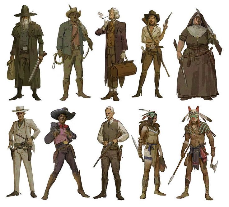 this illustration shows eleven  characters, each with a distinct look, all seemingly from the wild west. the characters all wear different attire, with some having guns or other weapons.  the styles range from a cowboy in a hat and gunbelt to a native american wearing traditional attire.