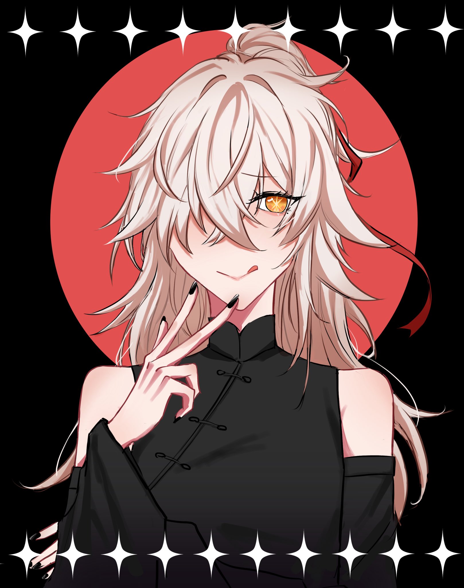 a beautiful anime girl with long white hair and red eyes is shown against a red background. she has a black outfit with a high collar and is giving a sly smile. her eyes are glowing yellow and she has a red ribbon in her hair. the art is very detailed and welldone.