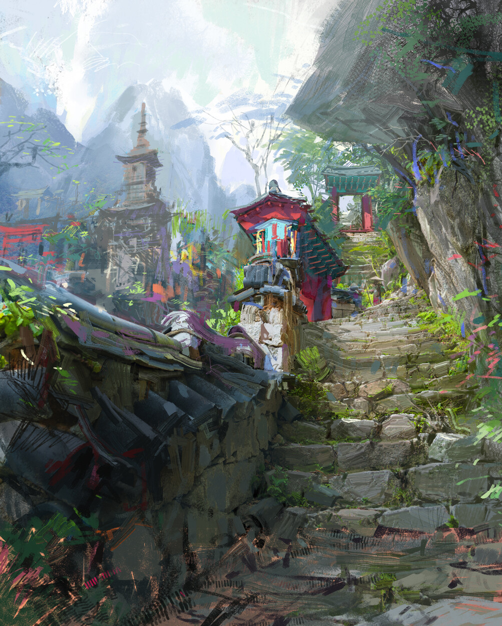 this is a digital painting of the outside of a mountainside temple.  there are stairs that lead to a red building surrounded by lush green trees.