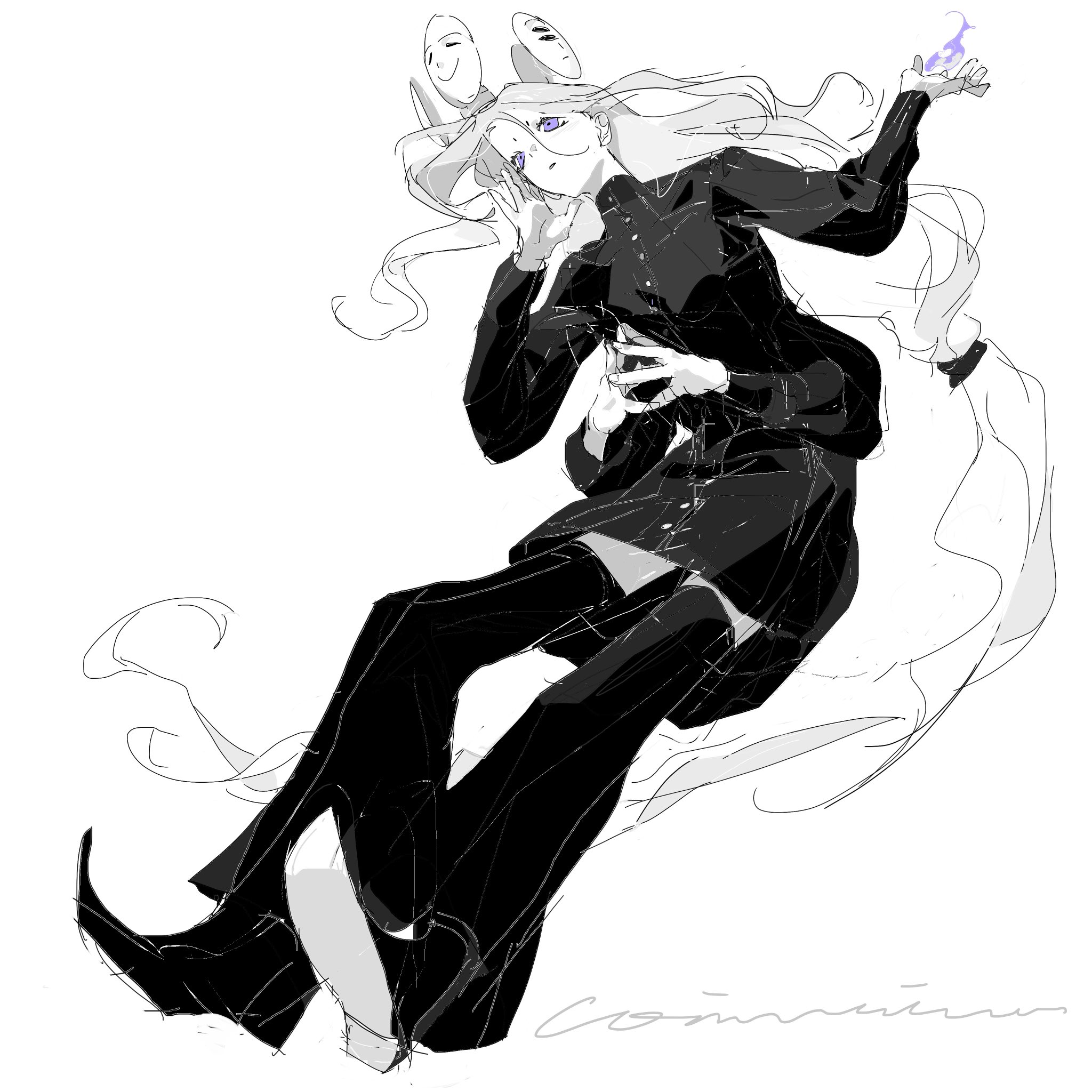 a black and white drawing of a stylized anime girl with long hair, sitting with her legs crossed and arms crossed. she is wearing black clothing, and she has a ghostly, ethereal quality. her pose is elegant and mysterious, and her expression is enigmatic. the drawing is created in a stylized, almost surreal style, with emphasis on curves and lines.