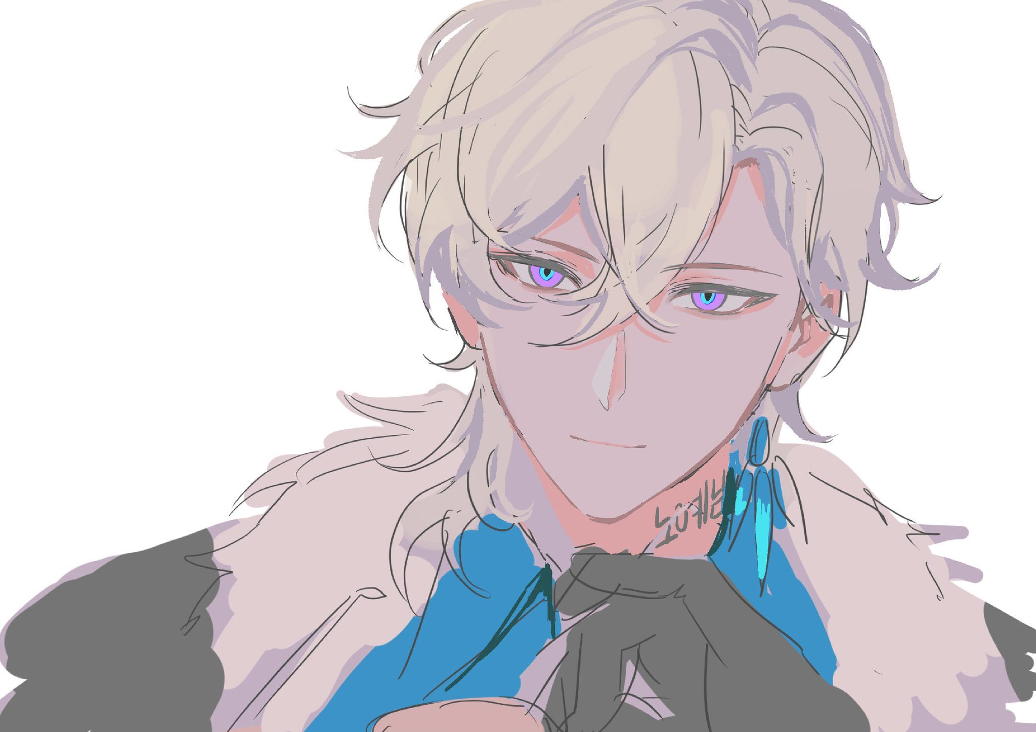 a closeup portrait of a handsome anime male character. he has long, white hair that frames his face, and his eyes are a striking shade of blue. he is wearing a blue shirt with a white collar and black gloves. his neck is decorated with a feather earring and a korean tattoo. the background is a simple white.