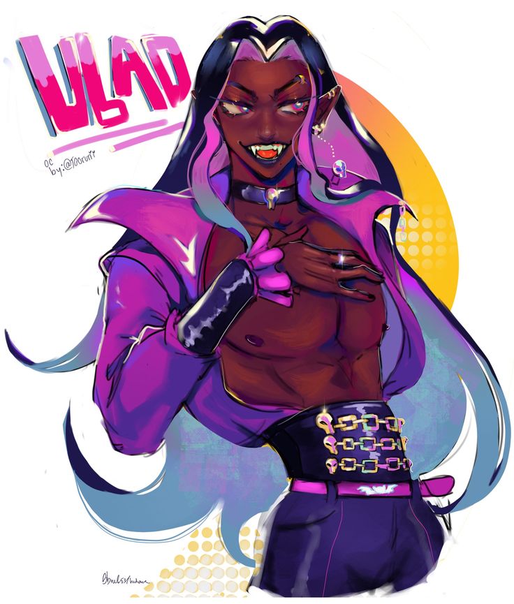 this is a digital illustration of a male fantasy character with long black hair, purple eyeshadow, and wearing a long purple coat. the character is wearing a silver chain belt with a skull design. the background is a yellow and orange circle with white dots.
