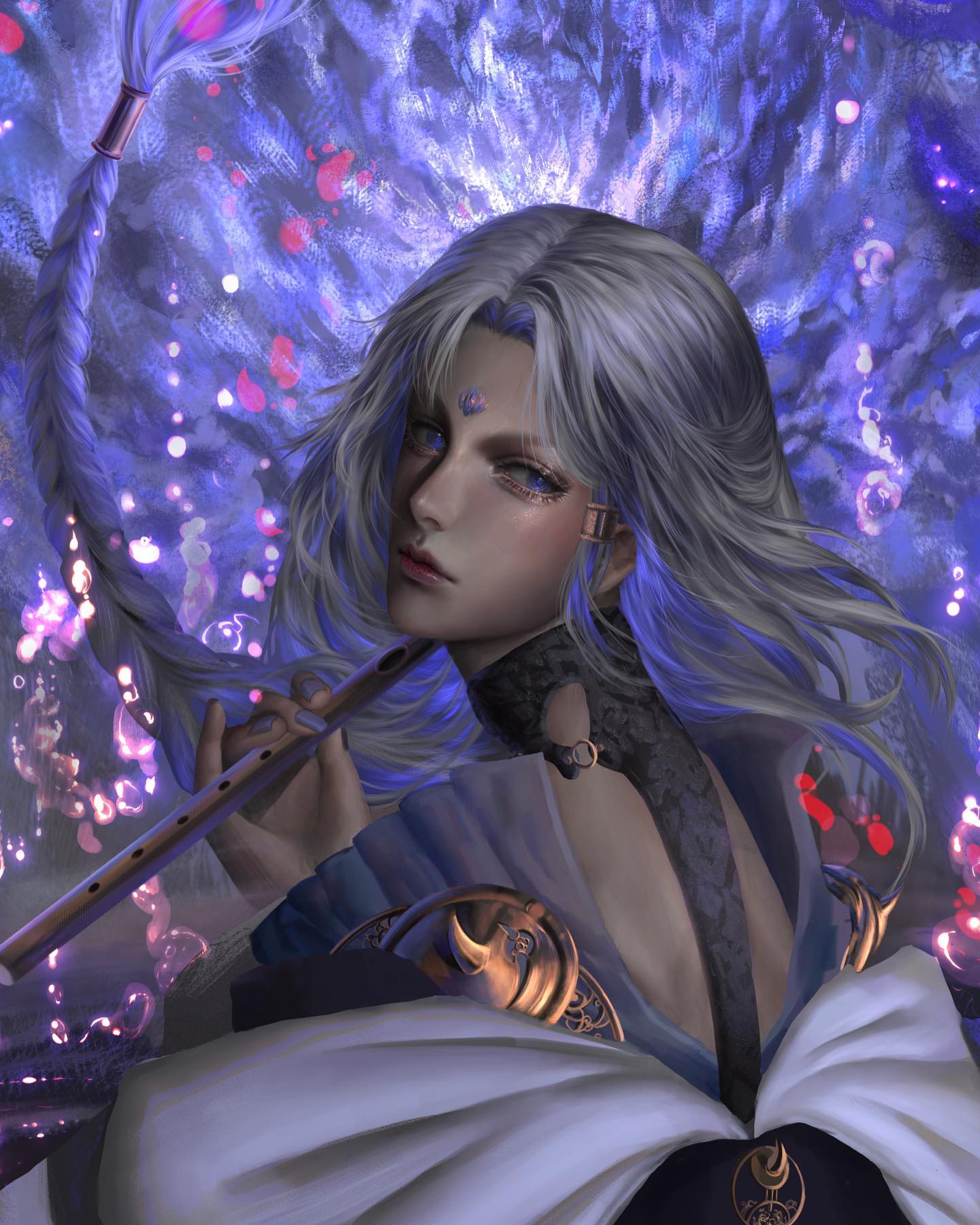 the image depicts a young man with flowing white hair and ethereal beauty playing a flute. he is surrounded by a swirl of glowing blue and purple magic.  his clothing is intricate and detailed, featuring a moon motif and flowing fabrics. he has a serious expression and piercing blue eyes. the overall effect is one of magic, mystery, and otherworldly beauty.