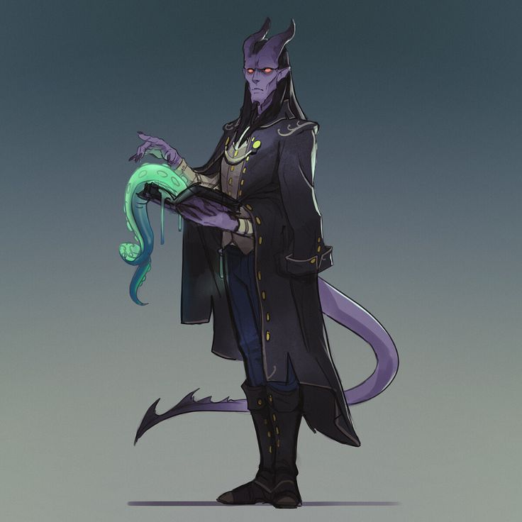 a digital illustration of a male demon character in a black coat and blue pants. he has horns and a tail. he is holding a book with a green, slimy tentacle coming out of it. the background is a simple bluegrey color.