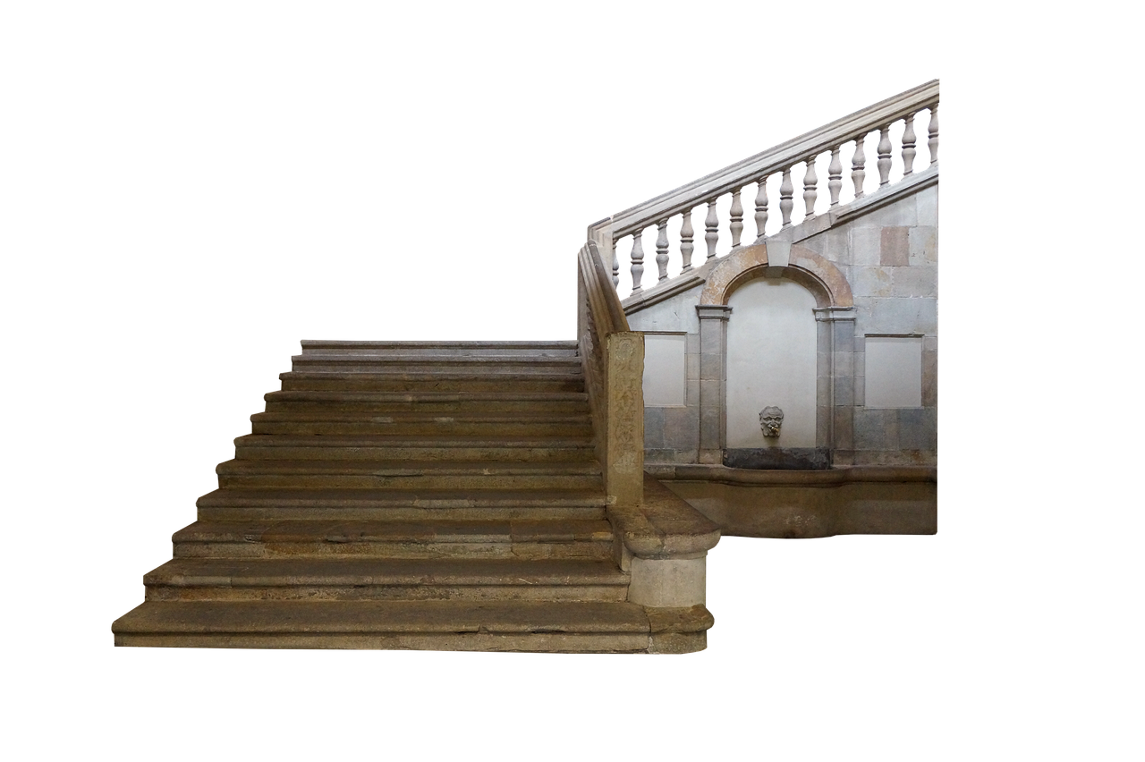 the image shows a set of stone stairs with a balustrade. to the right of the stairs is a stone fountain embedded in the wall. the background is black.