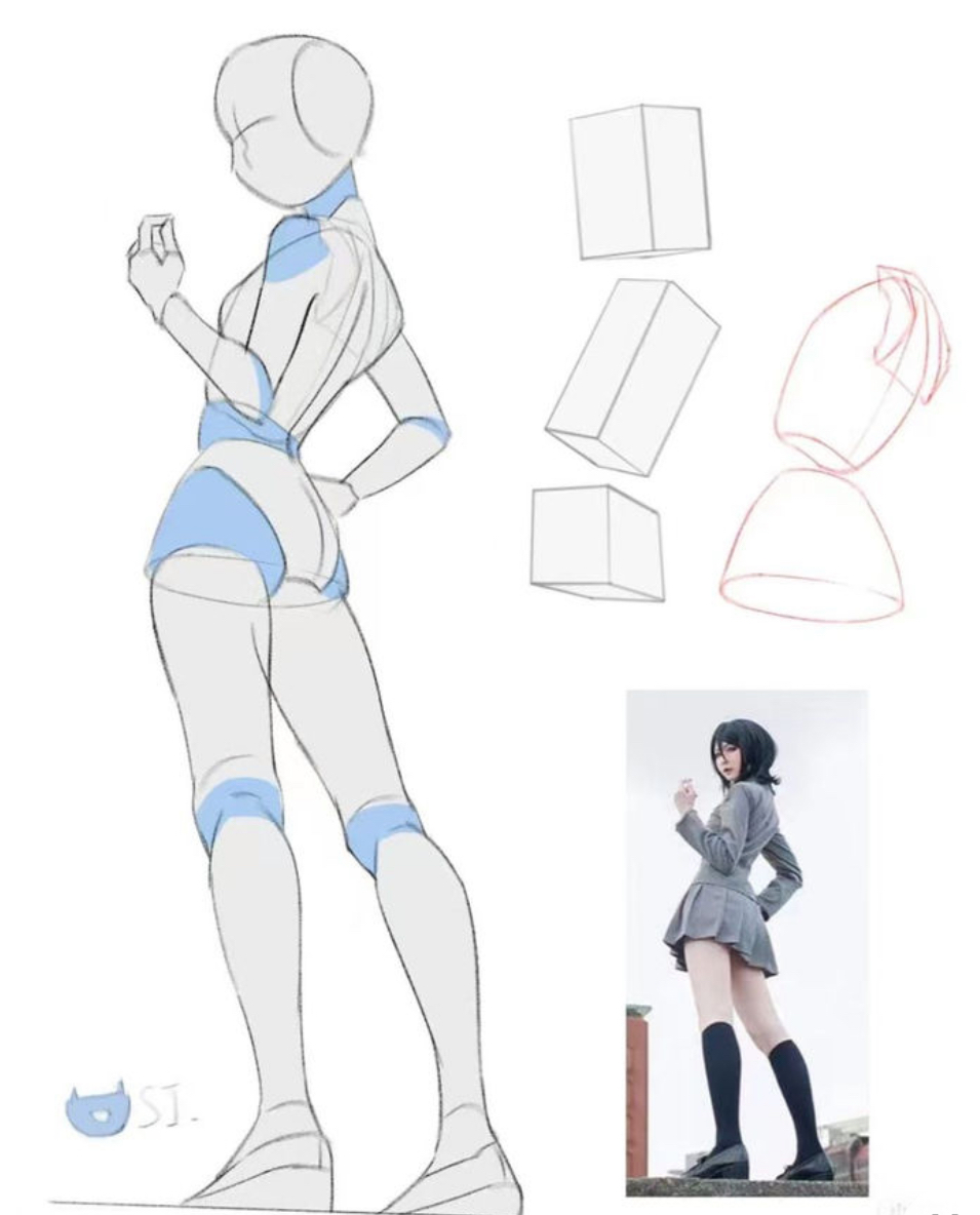 the image is an instructional illustration for artists, particularly those interested in drawing anime and manga. it presents a stepbystep breakdown of how to construct a female figure's pose using basic shapes like cylinders and cubes. the left side showcases a simplified skeletal structure overlaid with bluehighlighted areas, indicating key volumes and body parts like the rib cage, pelvis, and thighs. on the right are supplementary drawings: a series of stacked cubes illustrating torso positioning and a refined sketch of a hand. a small, finished character illustration in the bottom right corner exemplifies how these foundational techniques translate into a complete animestyle drawing. the overall image provides aspiring artists with a clear visual guide on approaching figure drawing and translating it into their desired style.